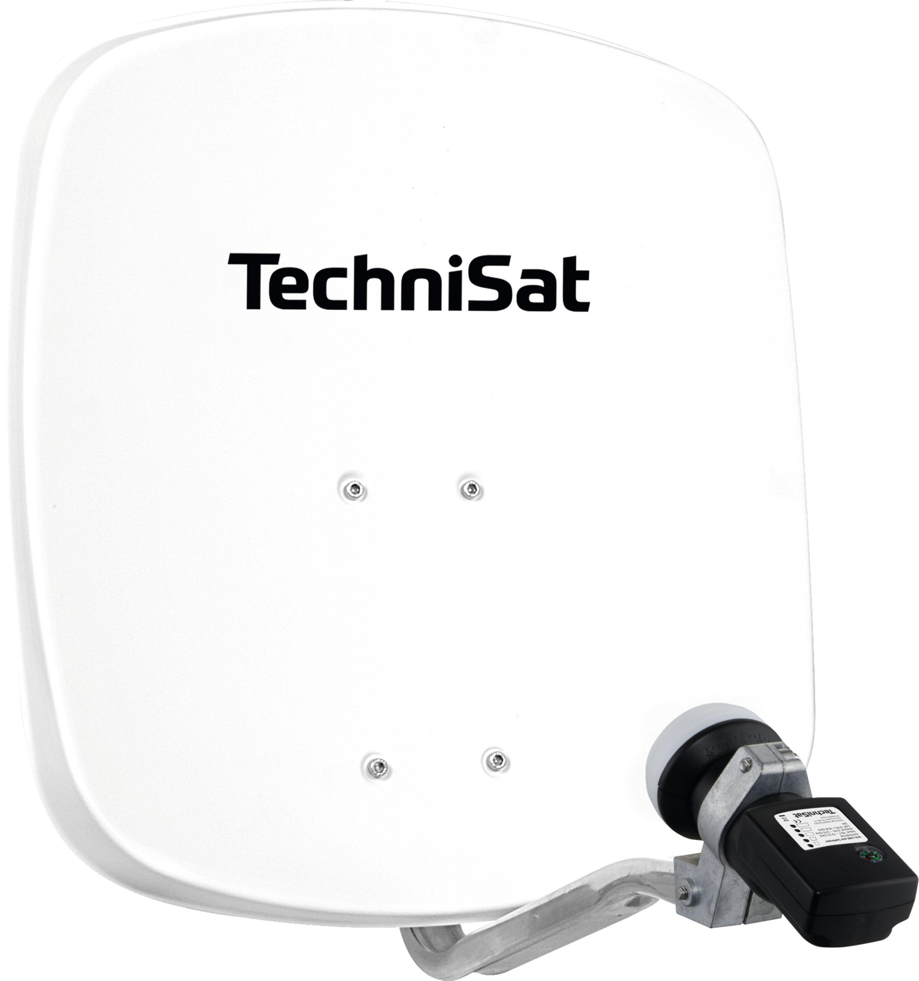 Eine weiße TechniSat-Satellitenschüssel. Sie hat den Markennamen und ist an einer Halterung befestigt.