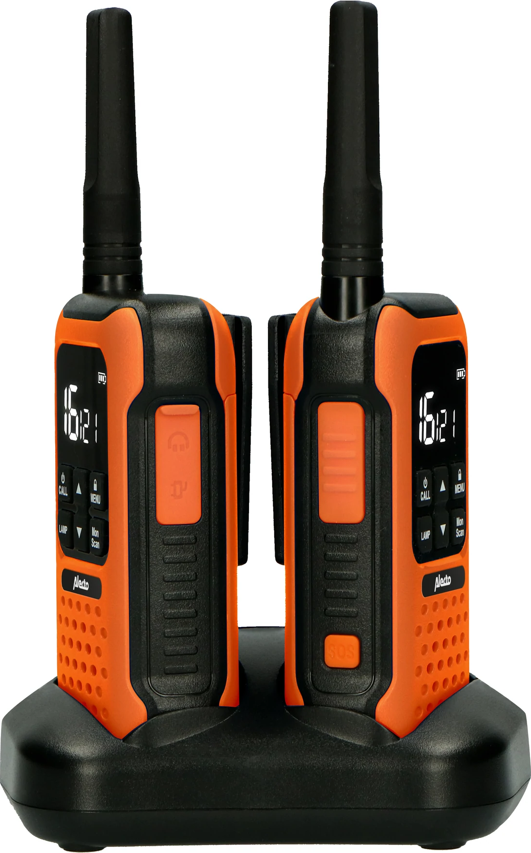 Zwei orangefarbene Walkie-Talkies in einer schwarzen Ladestation. Jedes Funkgerät hat ein Display und eine Antenne.