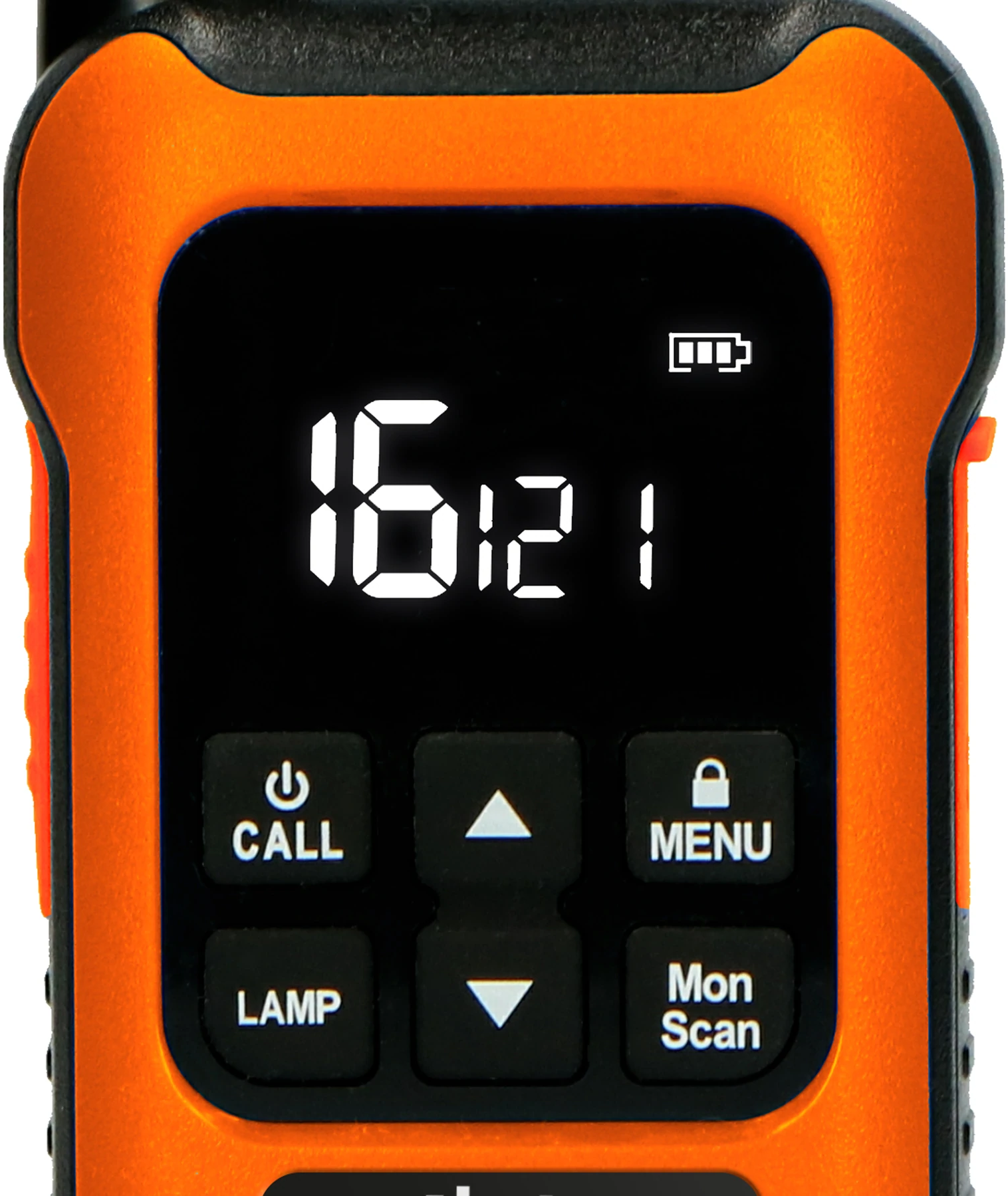 Nahaufnahme des Displays eines orangefarbenen Walkie-Talkies mit großen Zahlen und Bedienelementen. Der Bildschirm ist an.