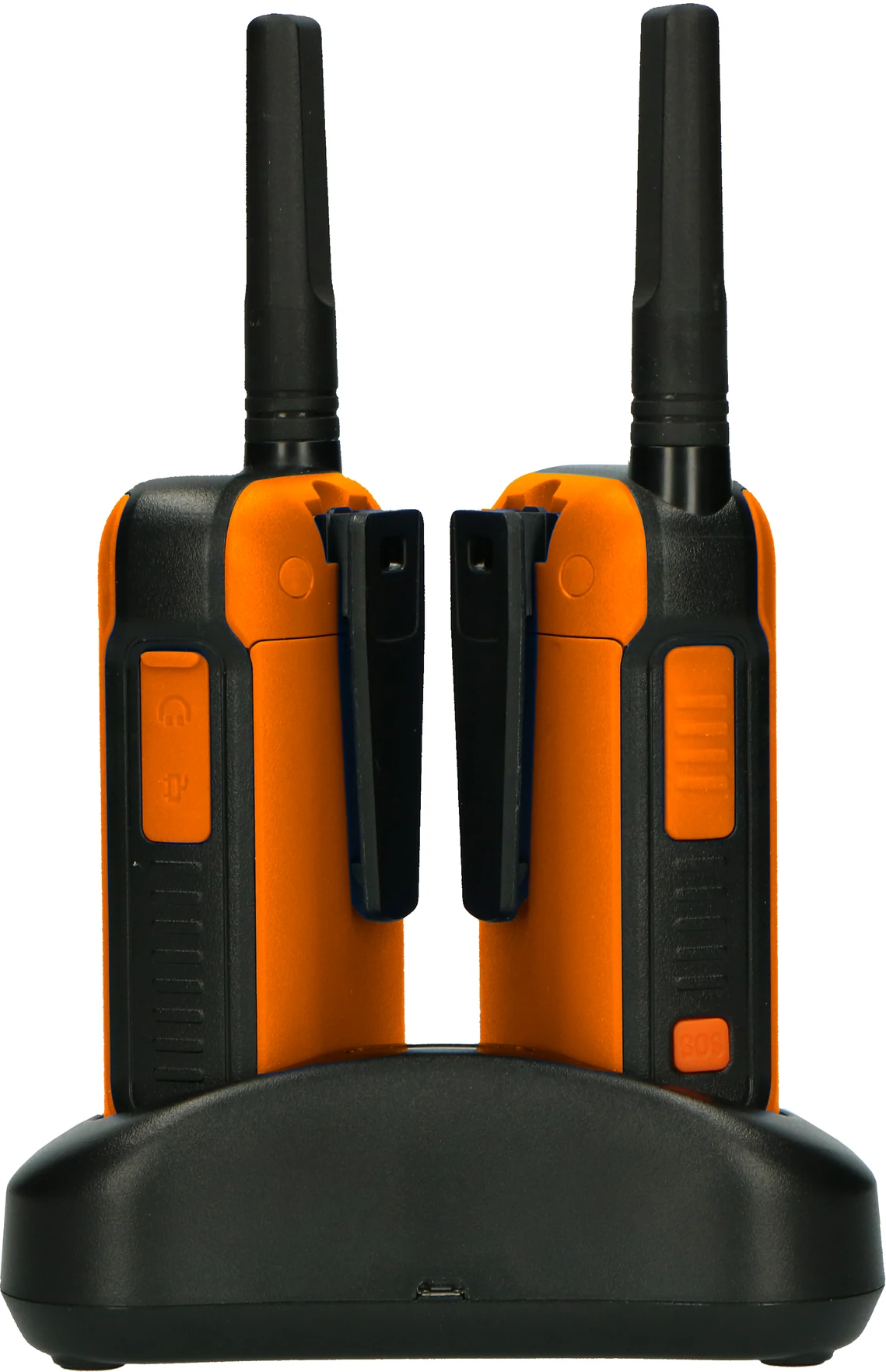 Zwei orangefarbene und schwarze Walkie-Talkies auf einer schwarzen Ladestation. Sie haben Antennen.