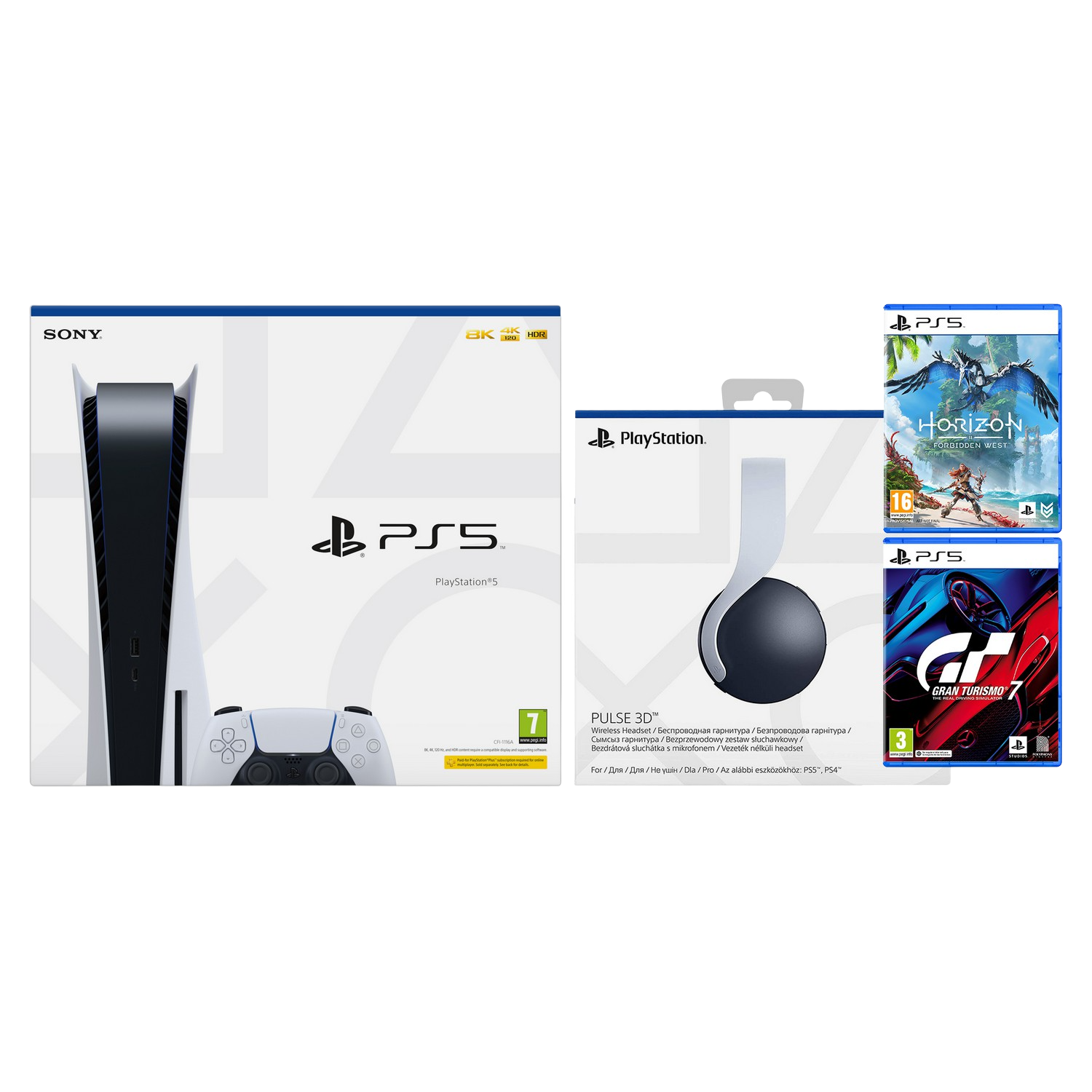 Consola - Sony PS5, 825GB, 4K, HDR, Blanco + Auriculares gaming Sony Pulse 3D + Horizon Forbidden West + Gran Turismo 7