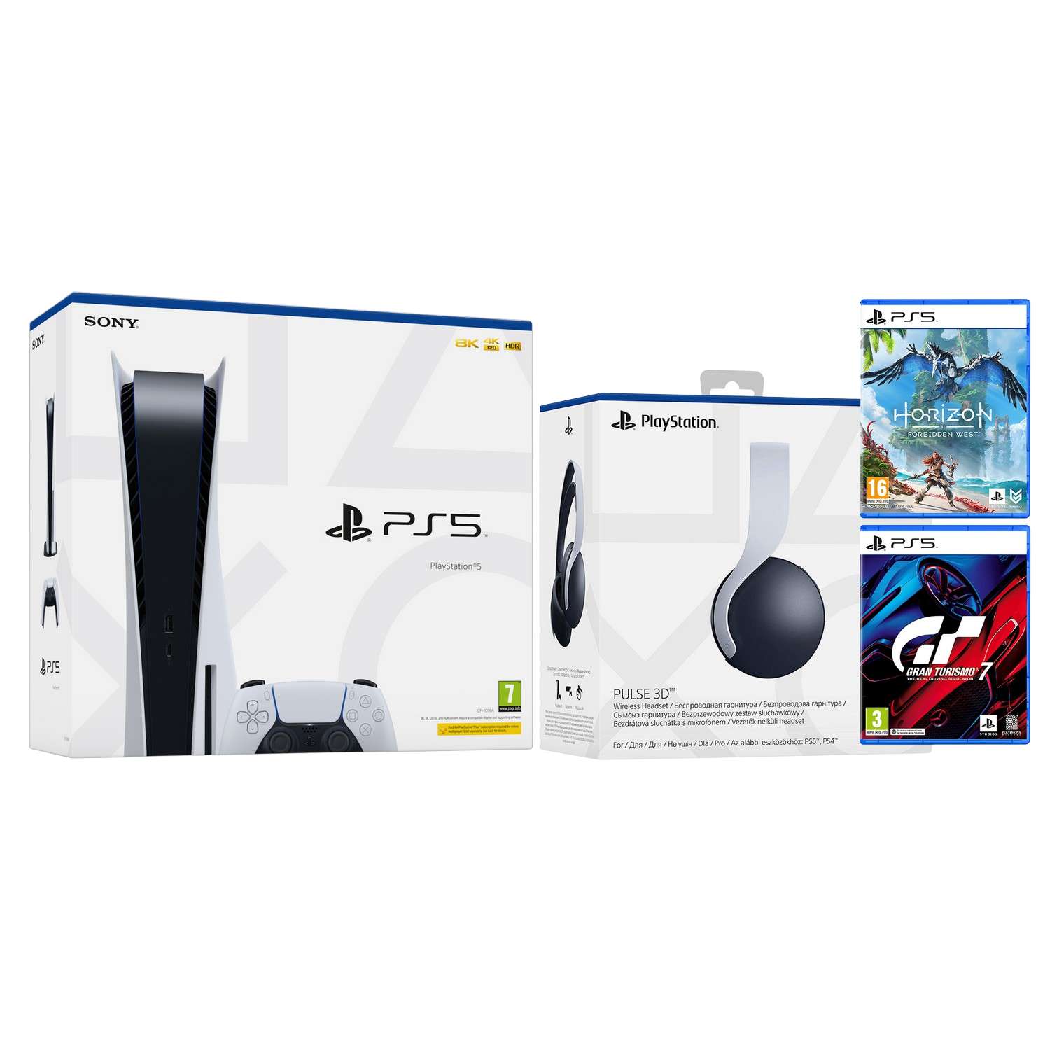 Consola - Sony PS5, 825GB, 4K, HDR, Blanco + Auriculares gaming Sony Pulse 3D + Horizon Forbidden West + Gran Turismo 7