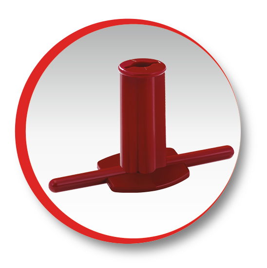 Pièce en plastique rouge avec un cylindre et deux bras. Il a un environnement circulaire dans un cercle rouge.