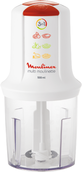 Moulinex multi moulinette blanche. Elle a un dessus rouge et un récipient transparent. Le produit est seul.