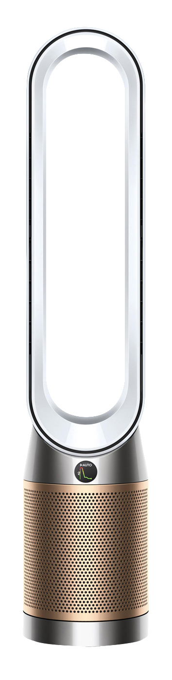 Hoher weißer und silberner Dyson Luftreiniger. Goldfarbene perforierte Basis. Weißer Hintergrund.