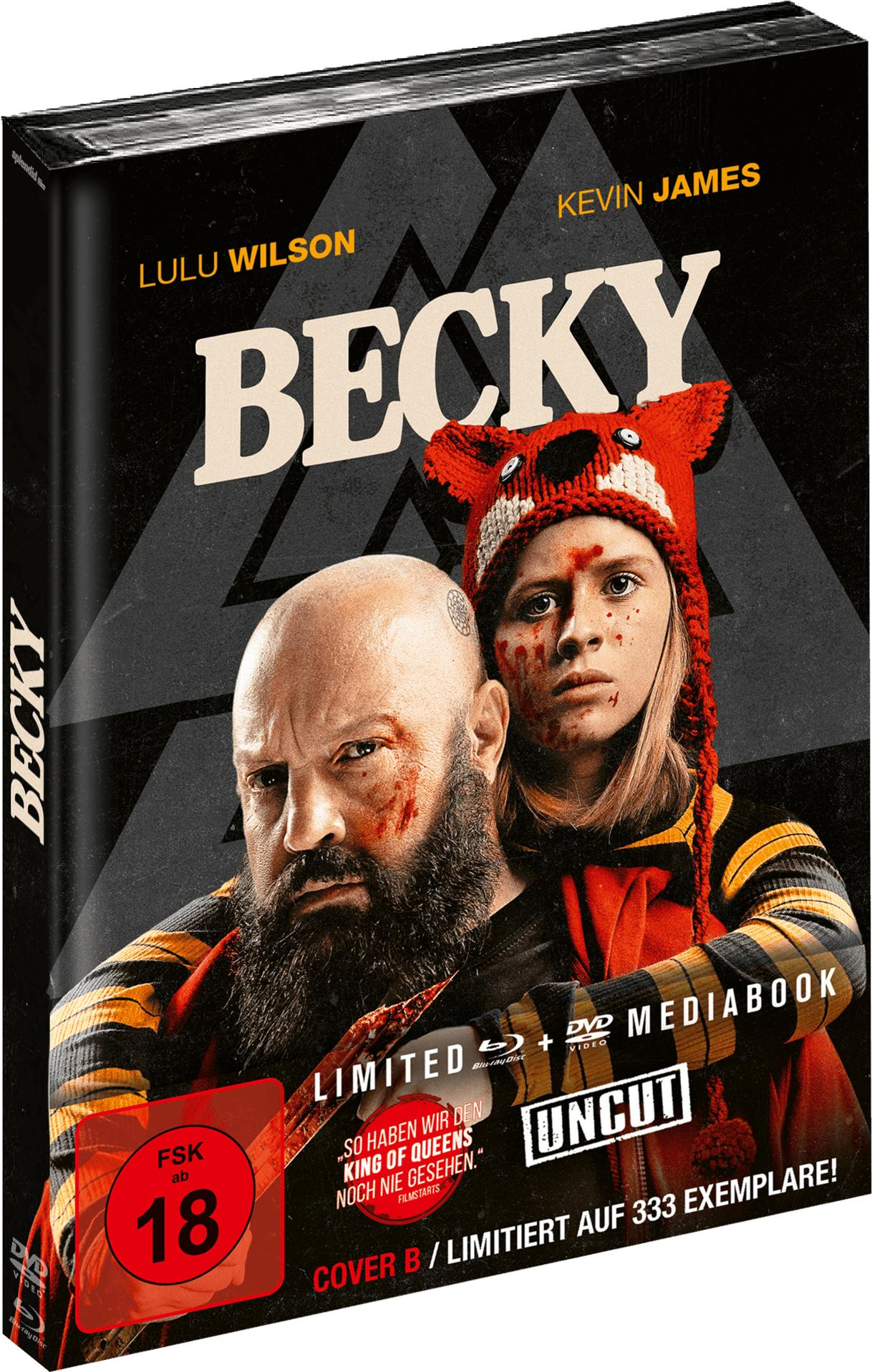 Filmcover: Becky, mit Lulu Wilson und Kevin James. Der Hintergrund ist schwarz mit roten Akzenten.