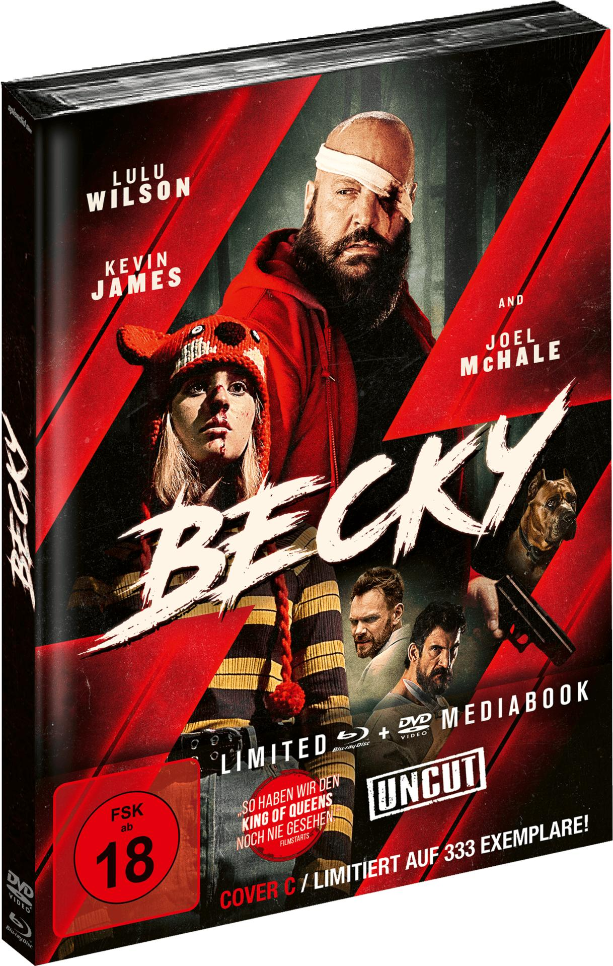 Filmcover: Becky, mit Lulu Wilson, Kevin James und Joel McHale. Roter und schwarzer Hintergrund.