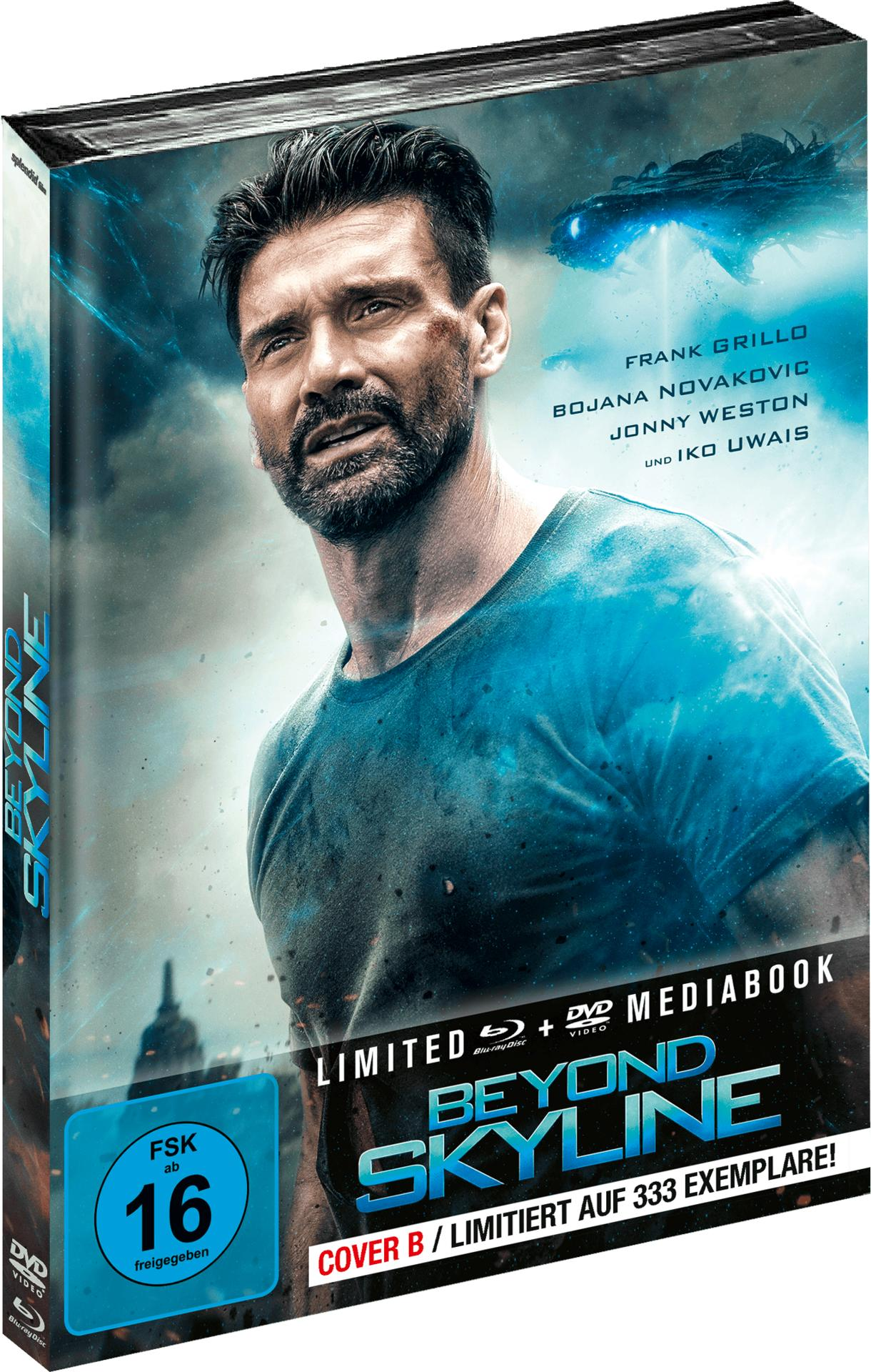 Filmcover. Mann, der nach oben schaut. Titel: Beyond Skyline. Namen der Schauspieler. Blu-ray und DVD Mediabook.