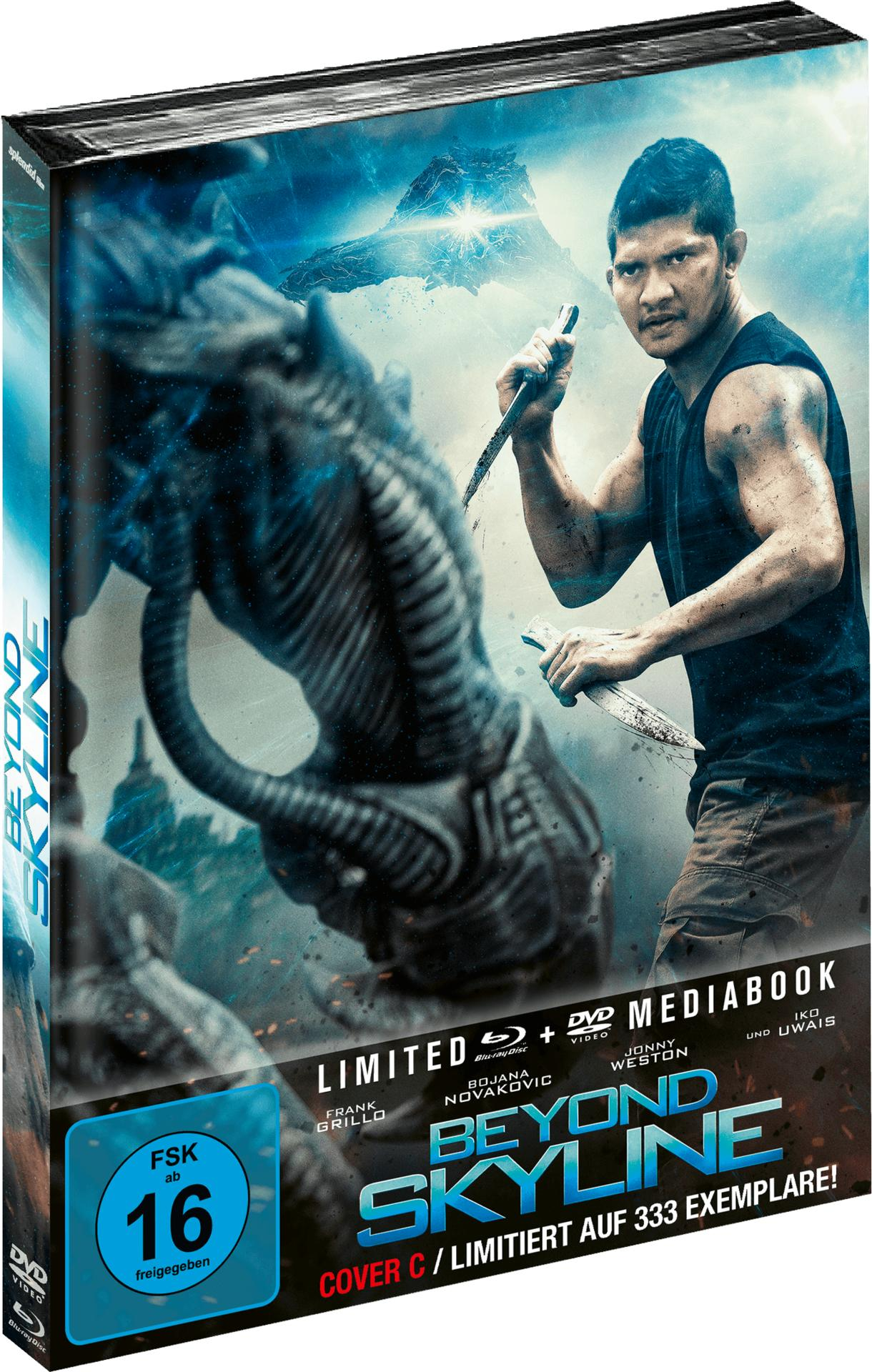Beyond Skyline-Filmbox mit einem Mann, der ein Messer hält.