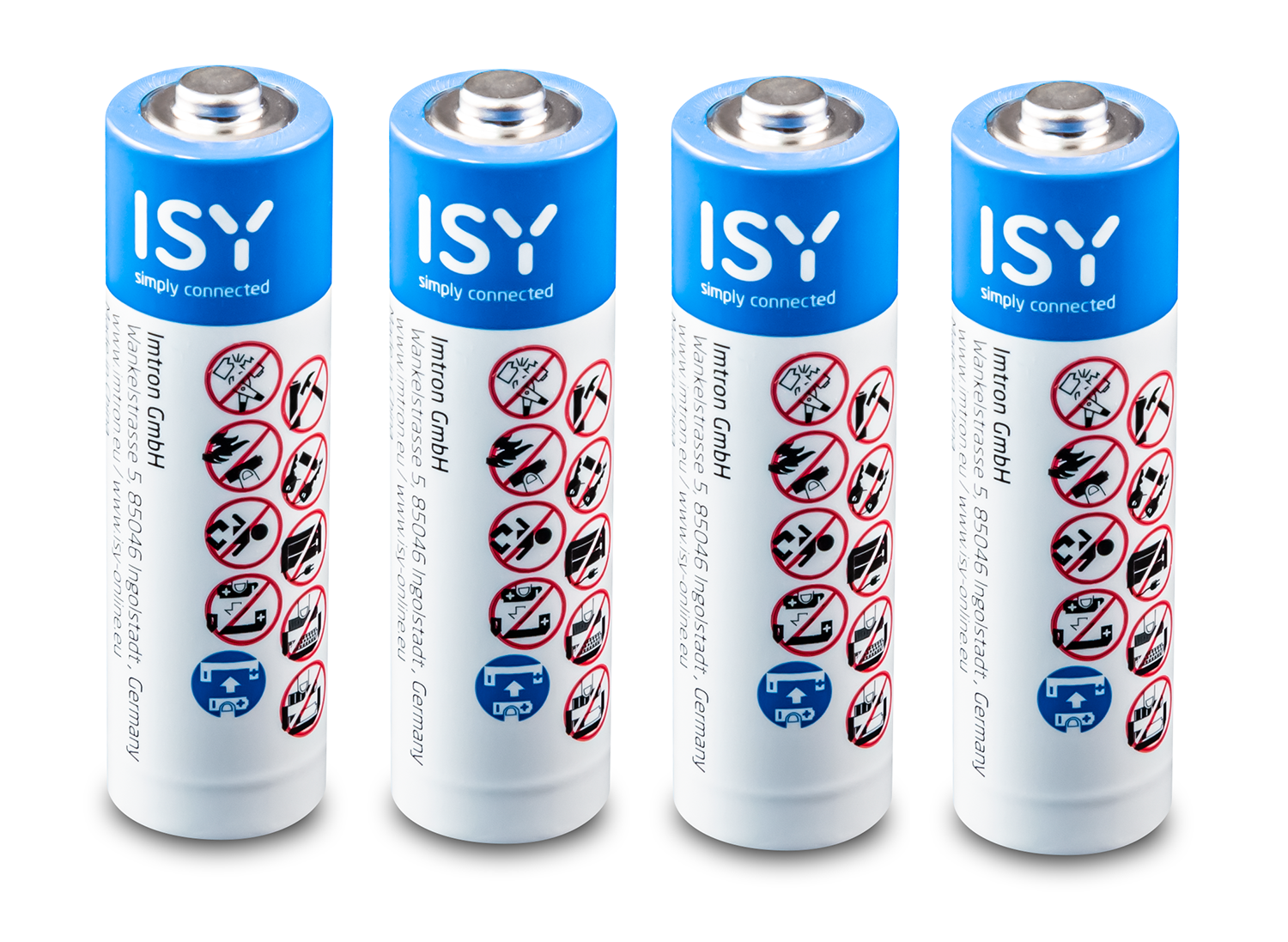 Vier AA-batterijen, wit en blauw gelabeld, merk ISY.