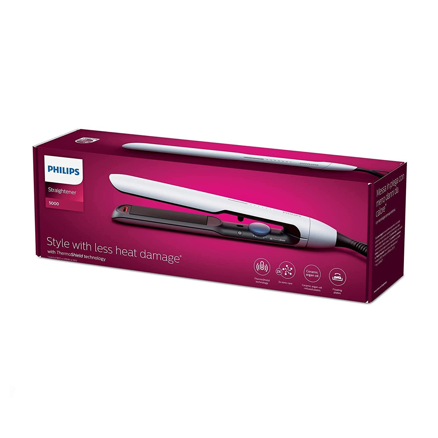 Una scatola per la piastra per capelli Philips. Mostra la piastra, il testo e i dettagli del prodotto.