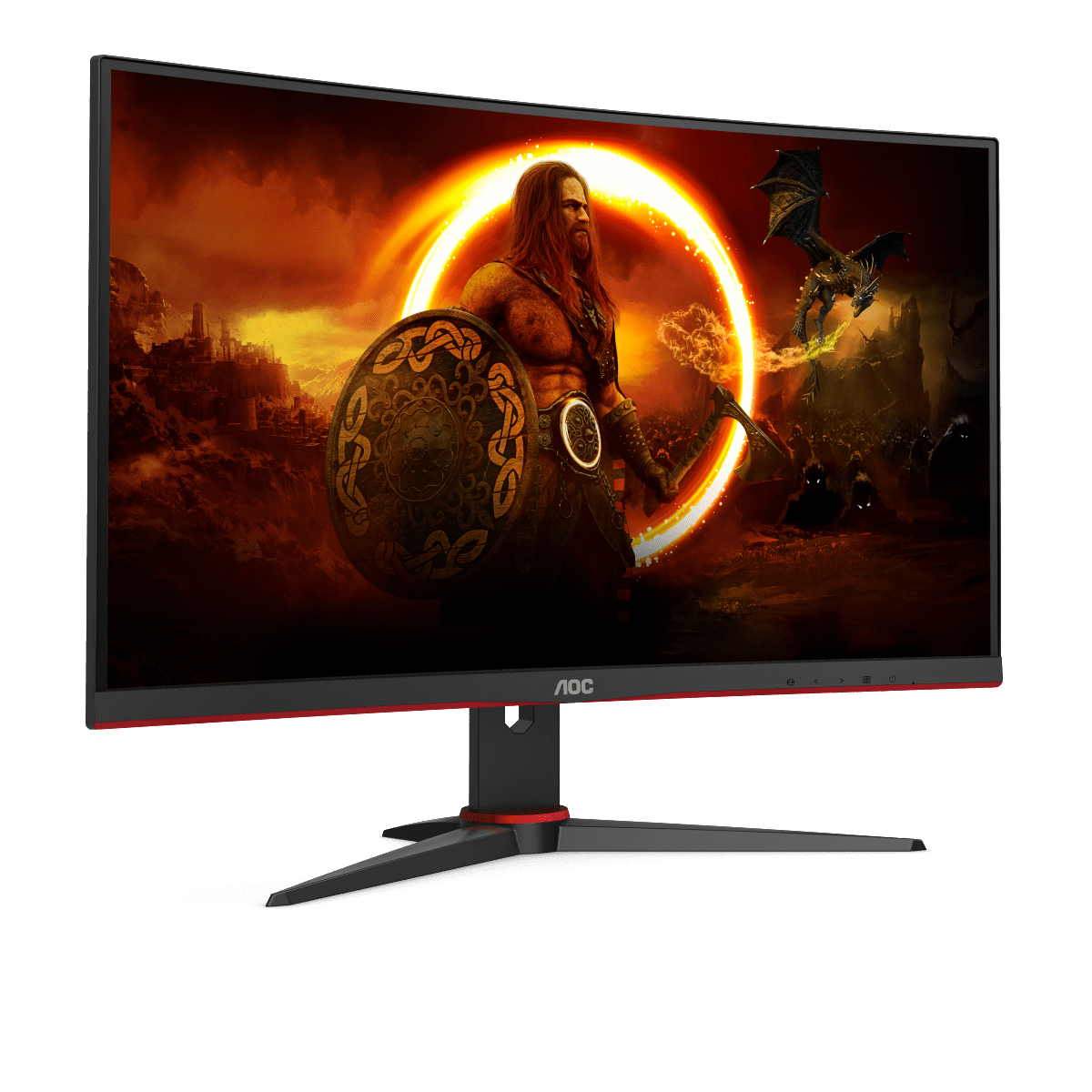Ein gebogener Gaming-Monitor, der eine Fantasy-Kampfszene mit einem Krieger und einem Drachen zeigt.