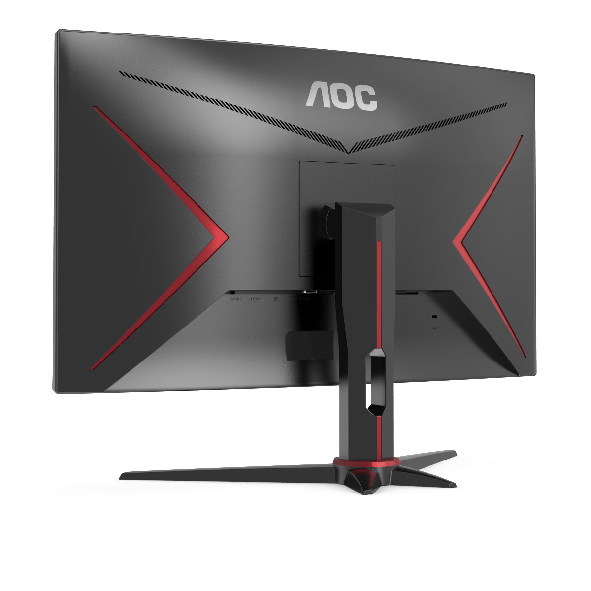 Rückansicht eines schwarzen AOC-Monitors mit roten Akzenten und Ständer.