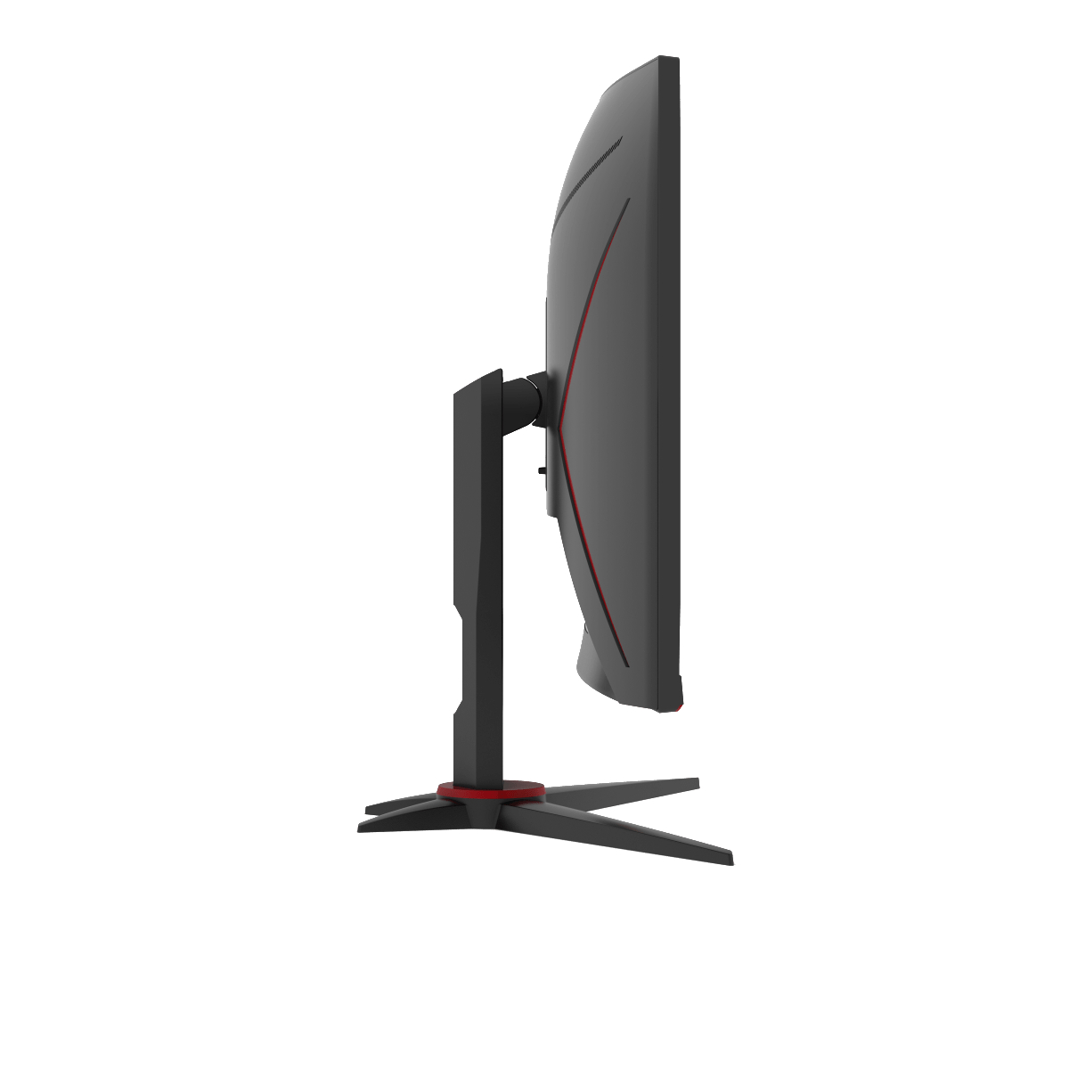 Seitenansicht eines schwarz-roten Gaming-Monitors mit Ständer vor weißem Hintergrund.