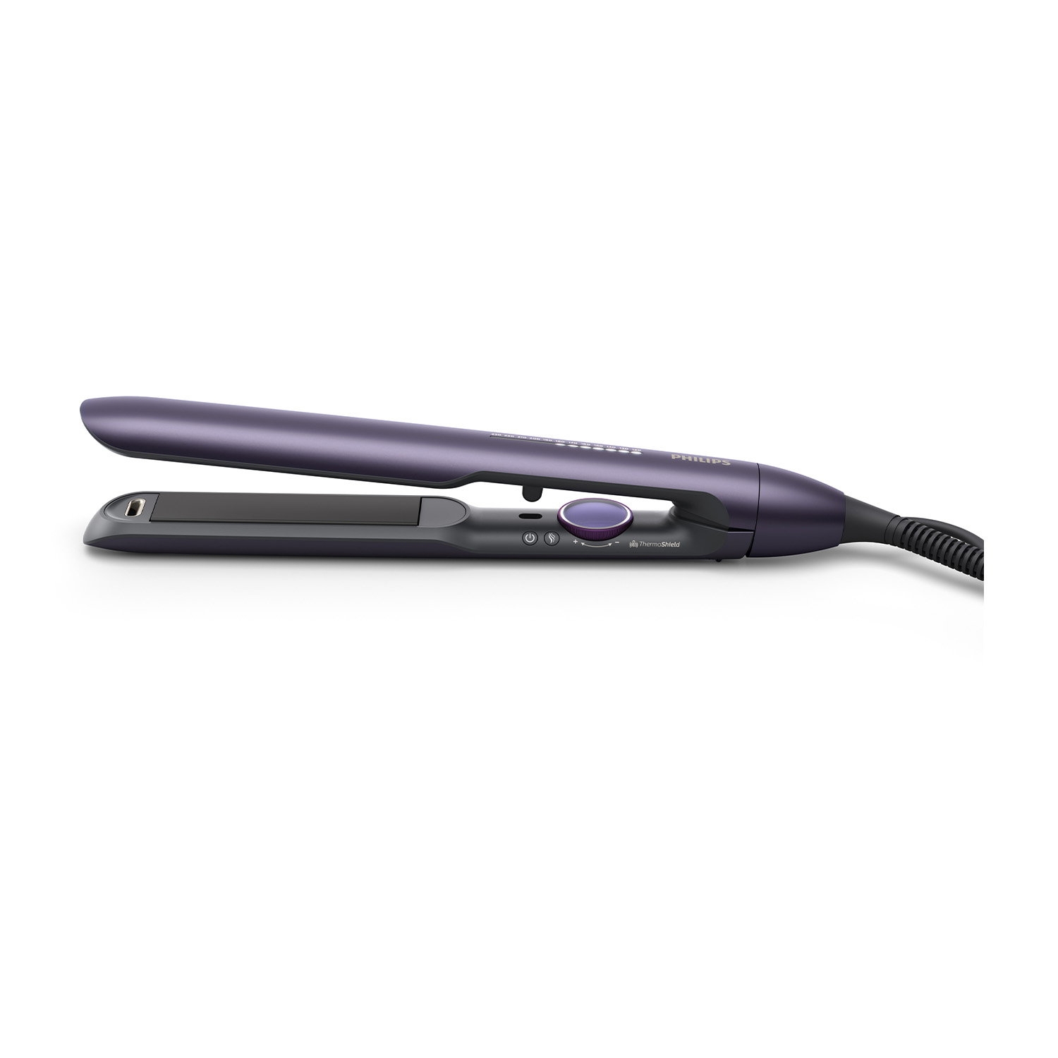 Piastra per capelli viola con un cavo nero.