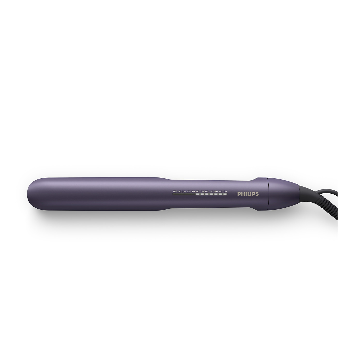 Una piastra per capelli Philips viola su sfondo bianco.