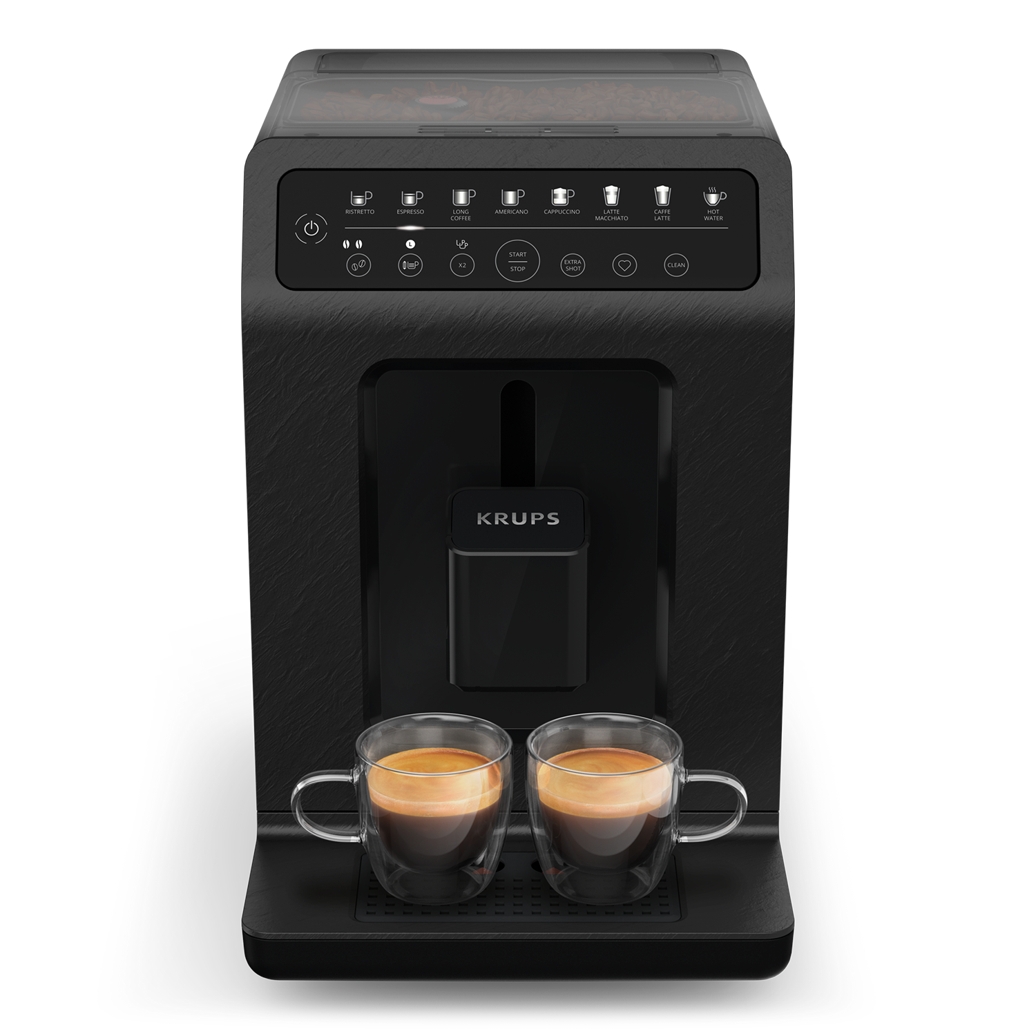 Een zwarte Krups koffiemachine met twee glazen koffie op de lade.