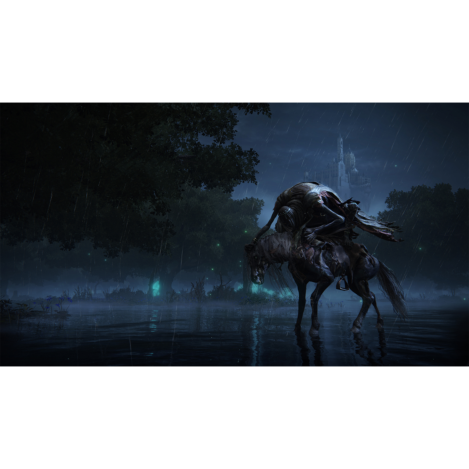 Una scena fantasy oscura con un cavallo e un cavaliere in un ambiente nebbioso e piovoso.