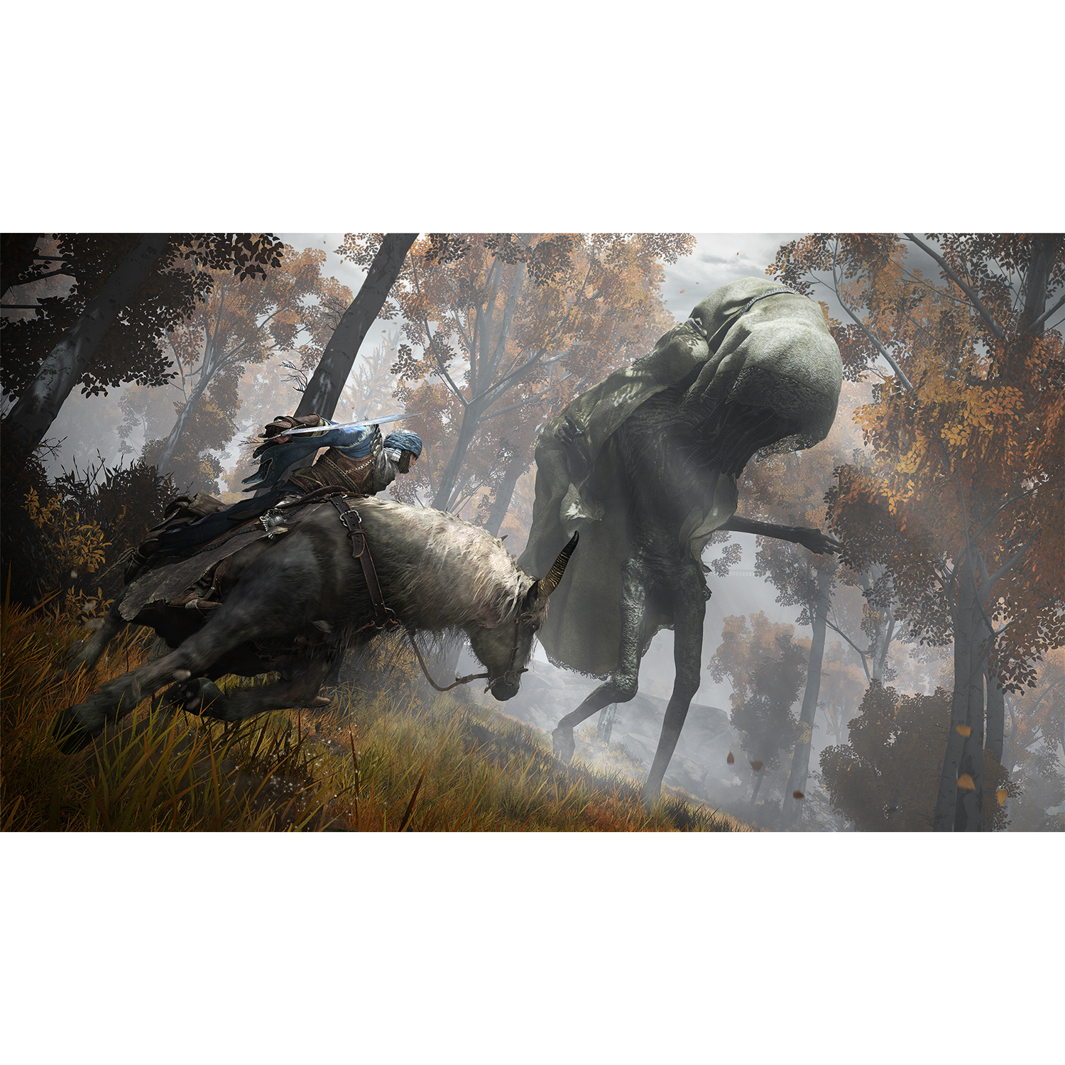 Una scena fantasy con un cavaliere a cavallo che combatte un grande mostro in un ambiente forestale.