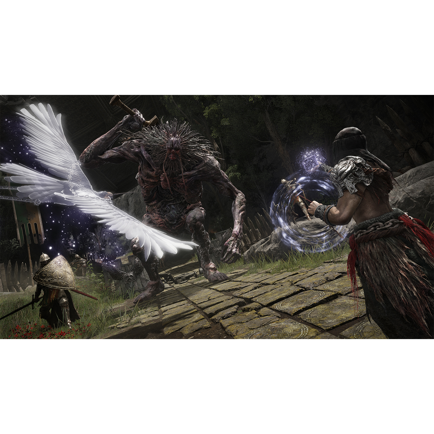 Una scena di gioco con un grande mostro alato e un guerriero che combatte in un'area di pietra. Altri guerrieri sullo sfondo.