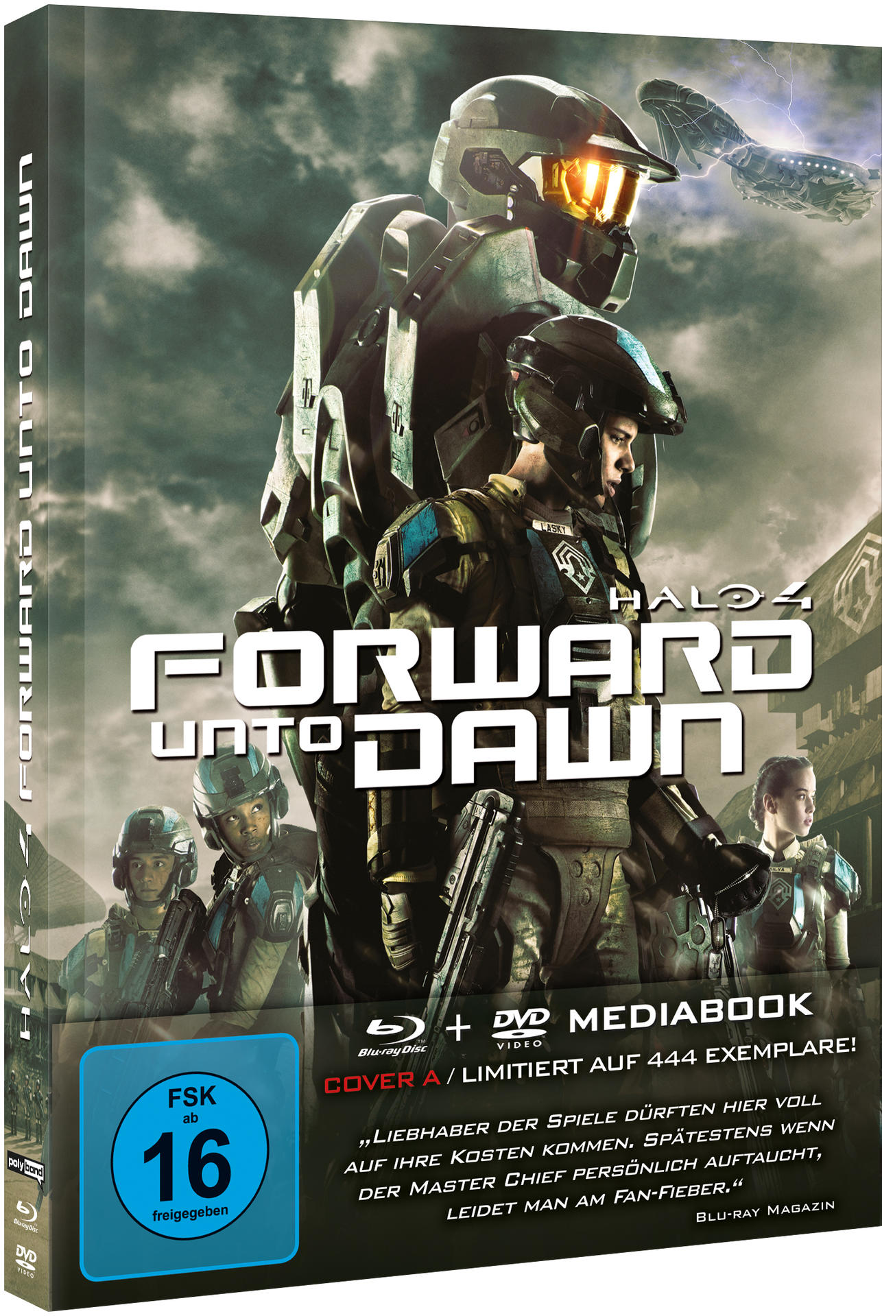 Eine DVD-Hülle mit einem Halo 4-Cover. Es zeigt Charaktere in Rüstungen und ein Raumschiff.