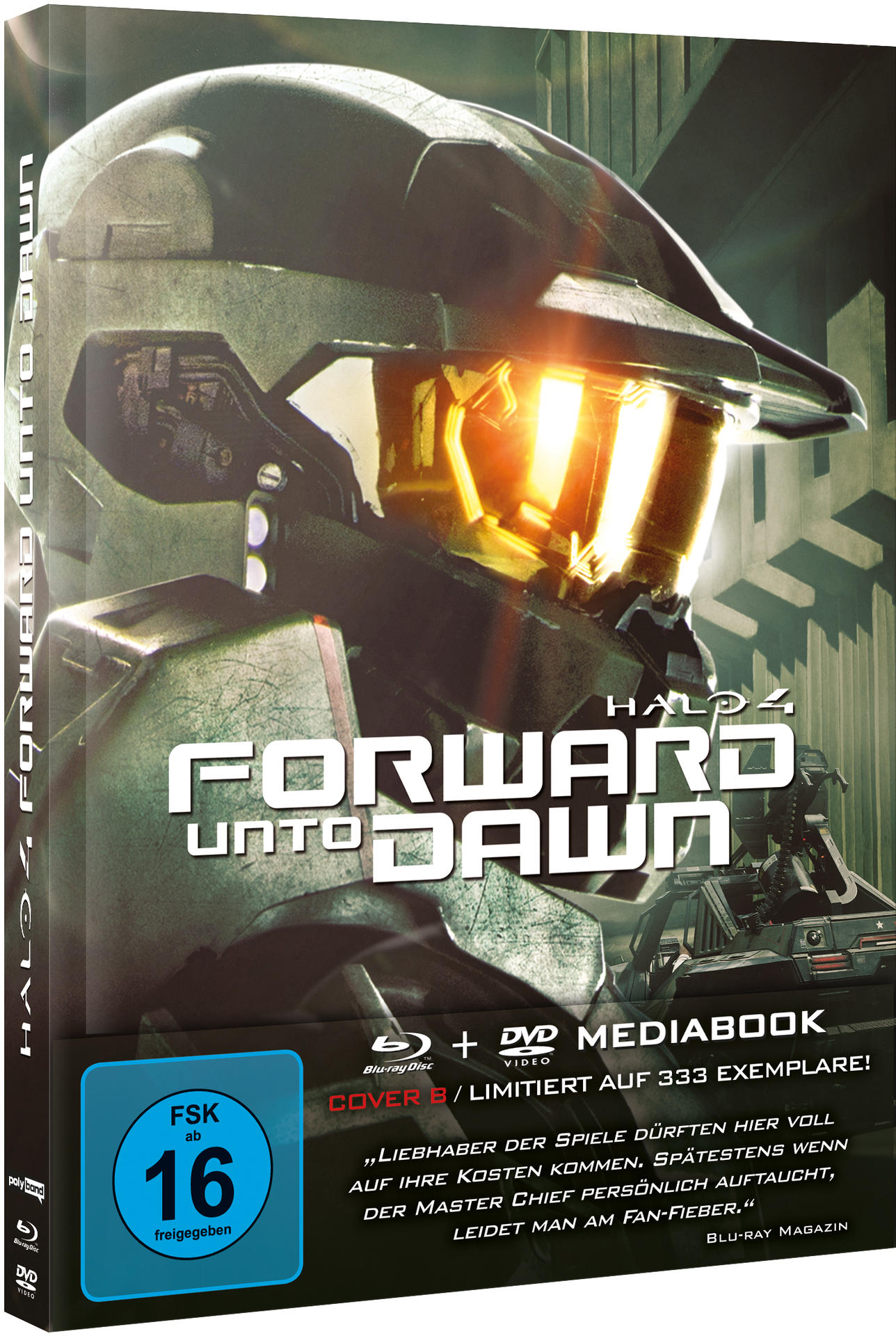 DVD-Hülle von Halo 4: Forward Unto Dawn, mit Soldat und Raumschiff.