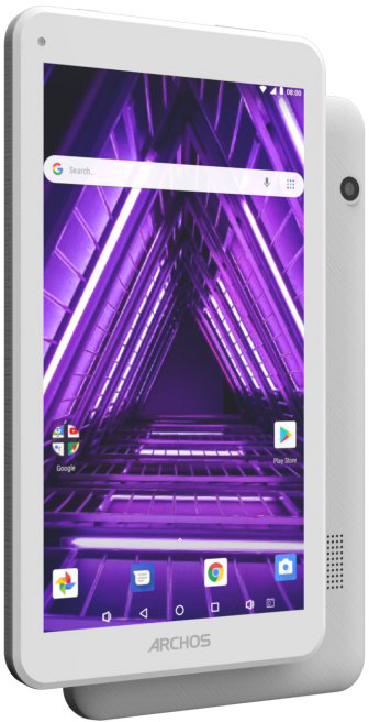 Tablette Archos blanche affichant une interface sur fond violet.