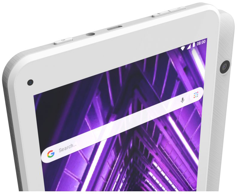 Gros plan d'une tablette blanche avec barre de recherche et fond violet sur l'écran.