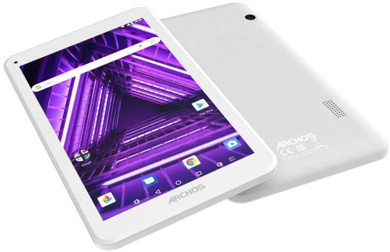 Tablette blanche avec écran affichant un paysage urbain. Autre tablette derrière. Fond blanc. Marque Archos visible.