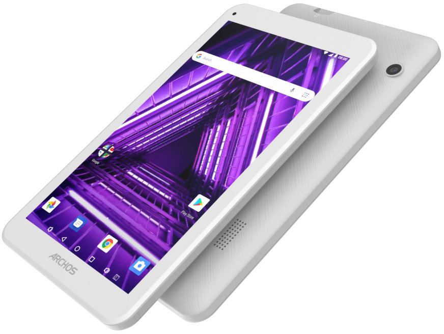 Tablette blanche avec écran affichant l'interface, avec une autre derrière.