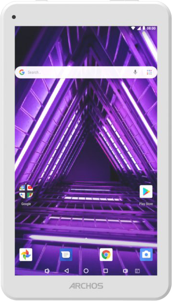 Tablette blanche affichant un fond géométrique violet avec des icônes d'applications en bas.
