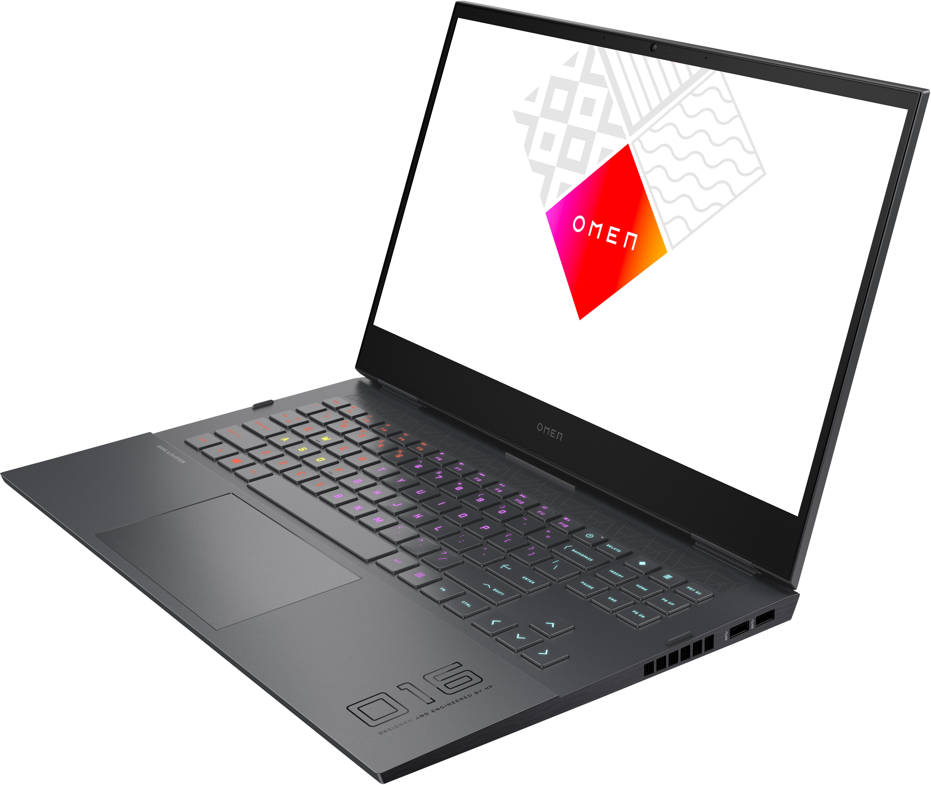 Un portátil con el logotipo OMEN en la pantalla y un teclado colorido.