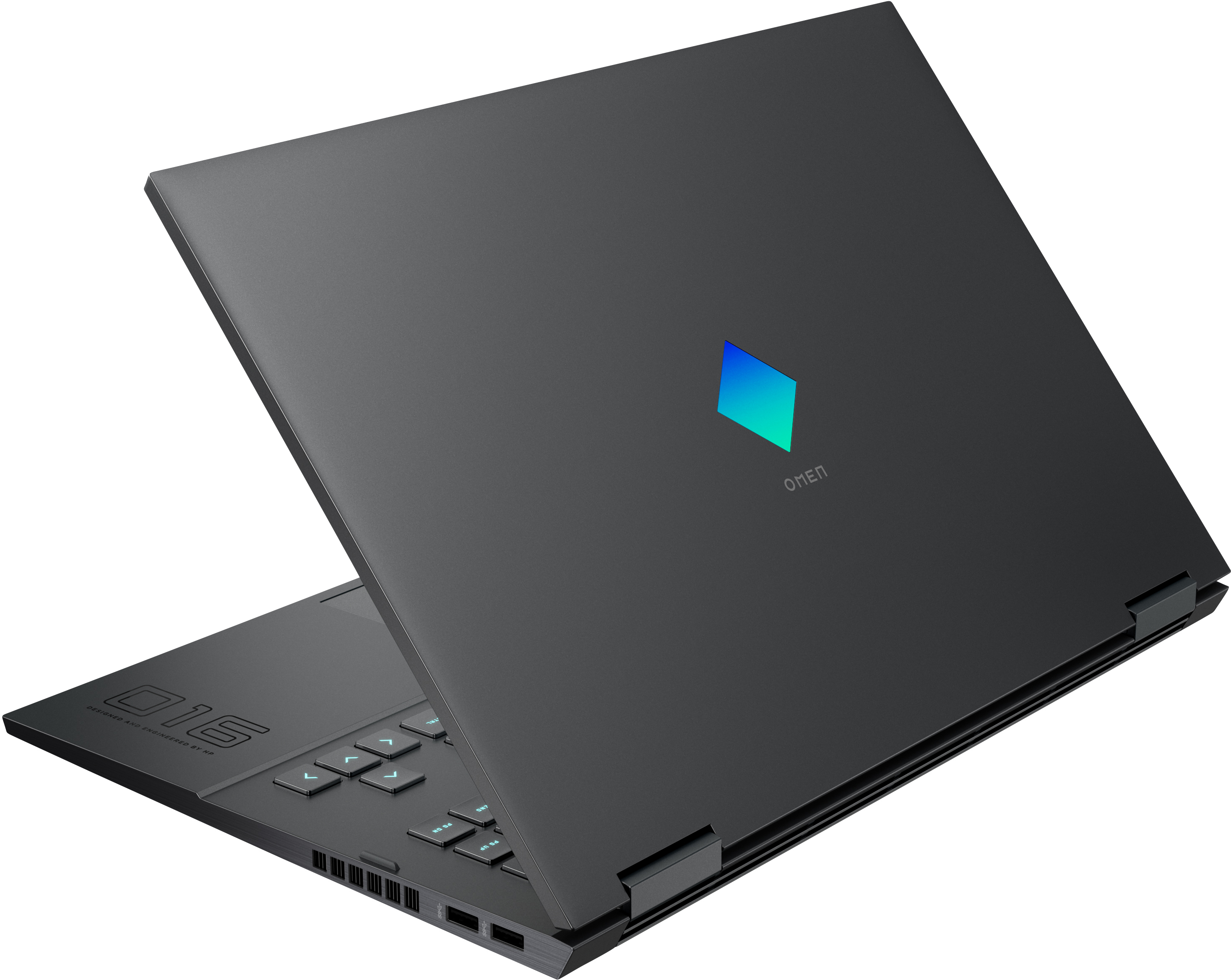 Ordenador portátil gris oscuro con la pantalla abierta, logotipo OMEN en la tapa. Teclado visible.