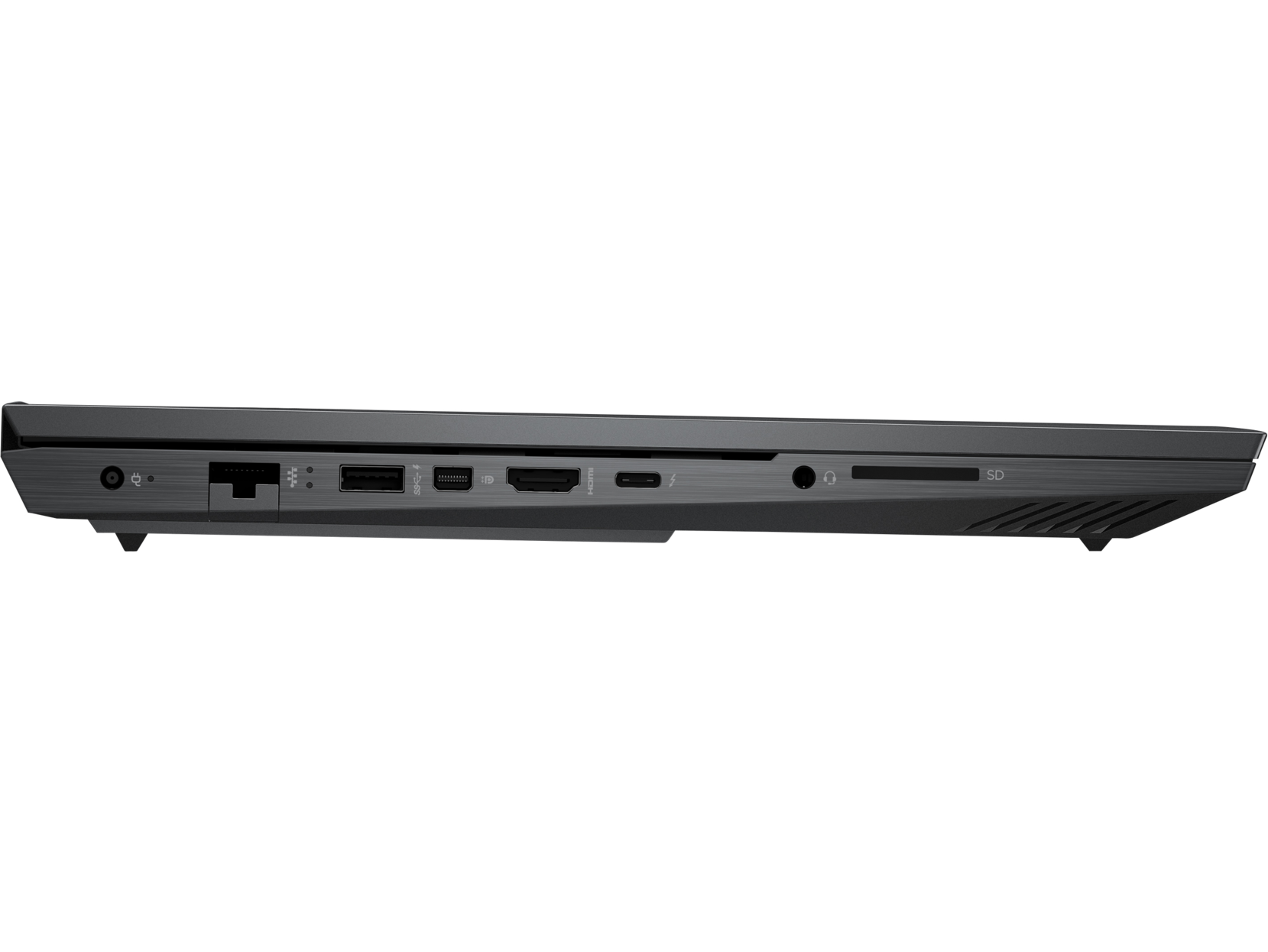 Vista lateral de portátil: puertos visibles. Los puertos incluyen alimentación, USB, HDMI y conector de audio. Fondo negro.