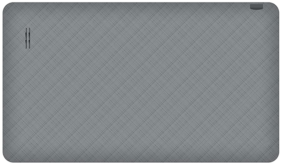 Dos de tablette gris avec un motif quadrillé et une petite ventilation.