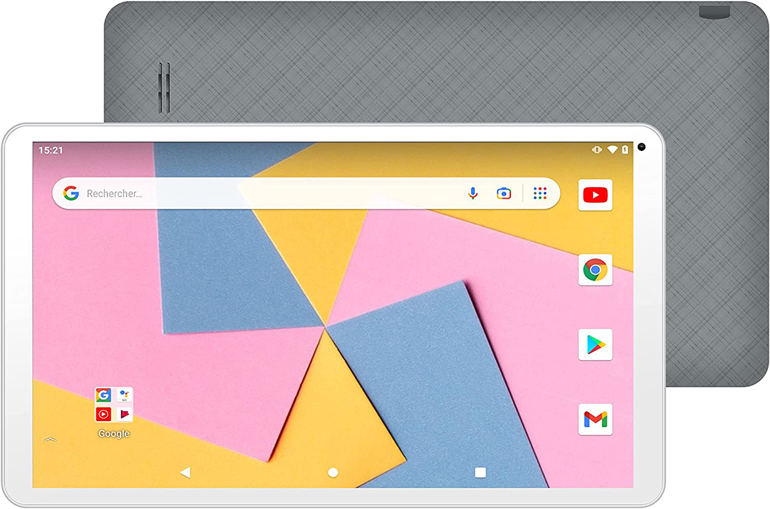Tablette blanche avec fond géométrique coloré et dos gris.