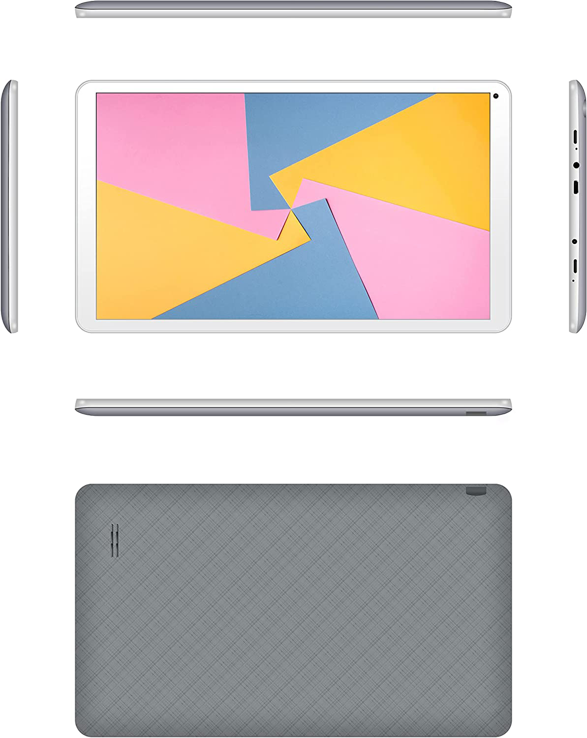 Tablette avec un écran coloré, entourée de vues latérales et d'une vue arrière.