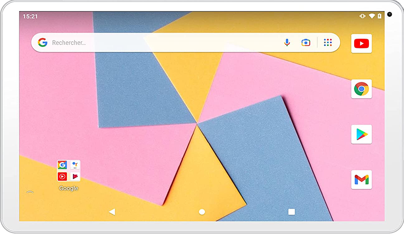 Tablette avec un fond coloré. L'écran affiche une barre de recherche et des icônes Google, Gmail, YouTube.