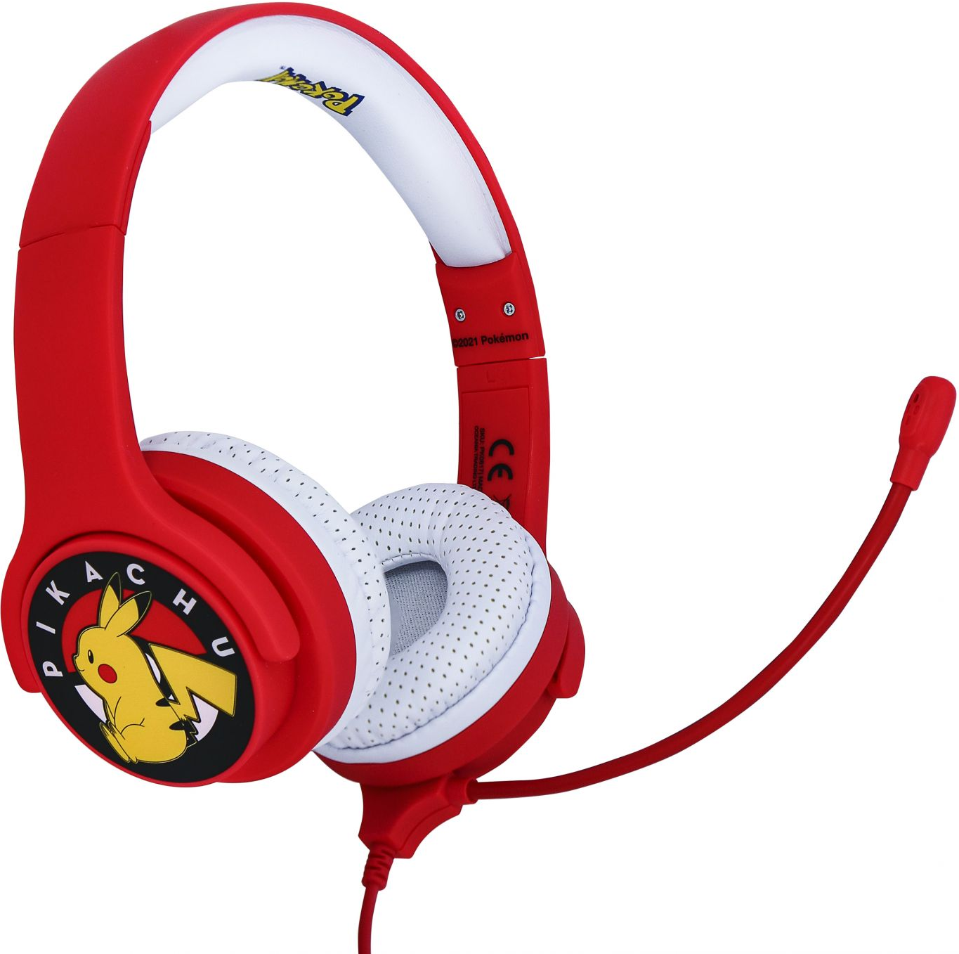 Rote und weiße Pikachu-Kopfhörer mit Mikrofon. Das Pikachu-Logo befindet sich an der Seite.