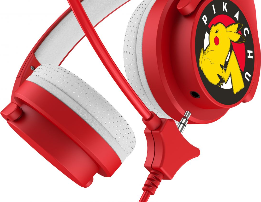 Rote und weiße Pikachu-Kopfhörer mit rotem Kabel und gelbem Pikachu-Logo am Ohr.