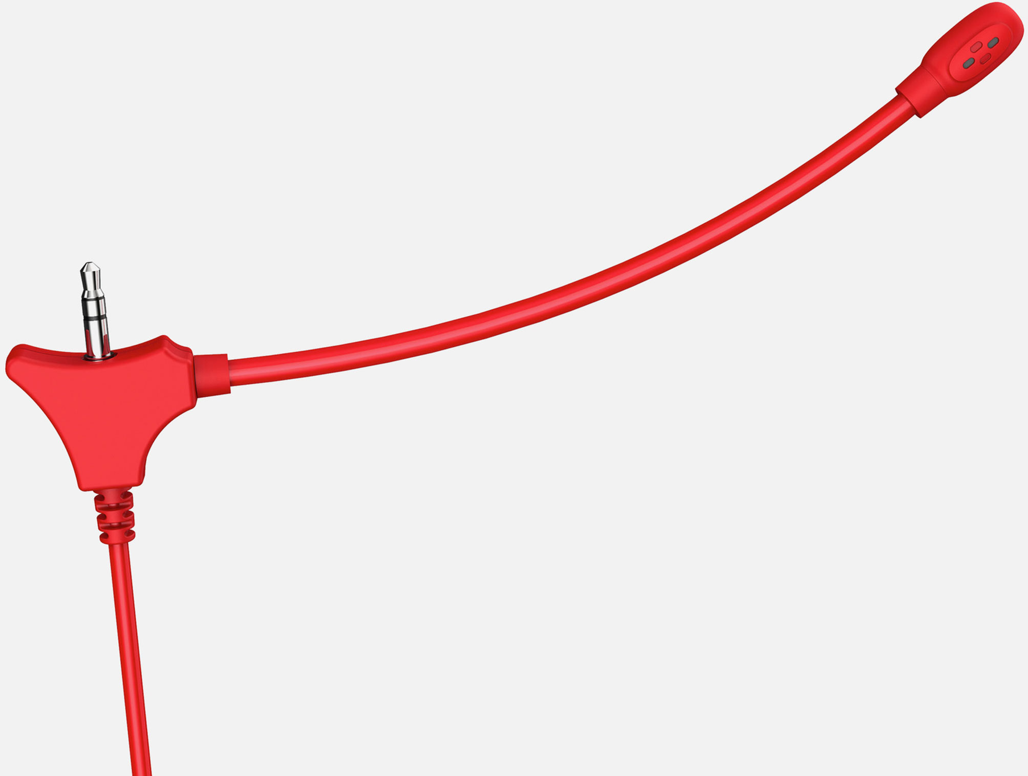 Rotes Mikrofon mit flexiblem Arm, mit 3,5-mm-Klinke und Kabel, auf weißem Hintergrund.