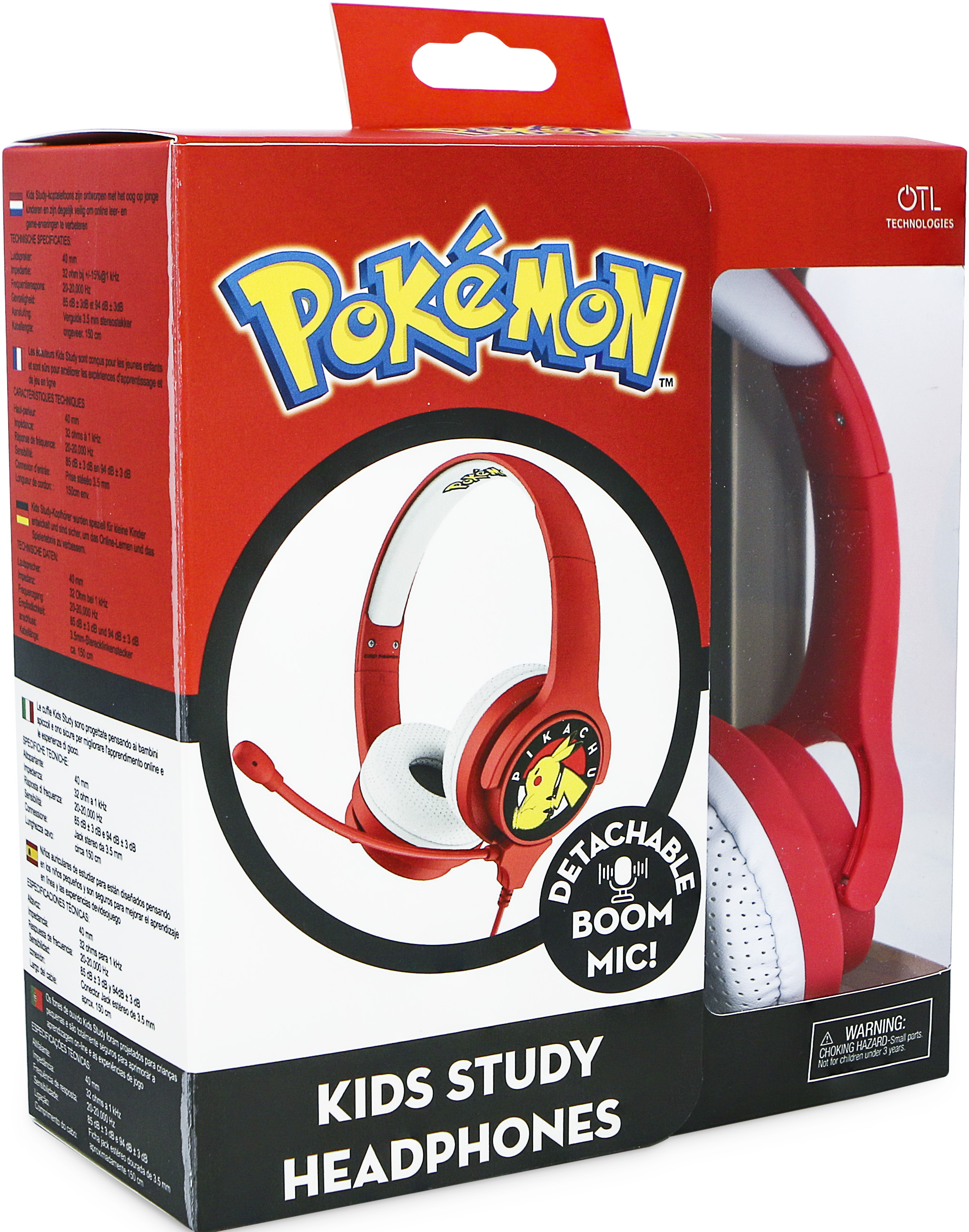 Rote Pokémon-Kinderkopfhörer in der Box, mit abnehmbarem Mikrofon.