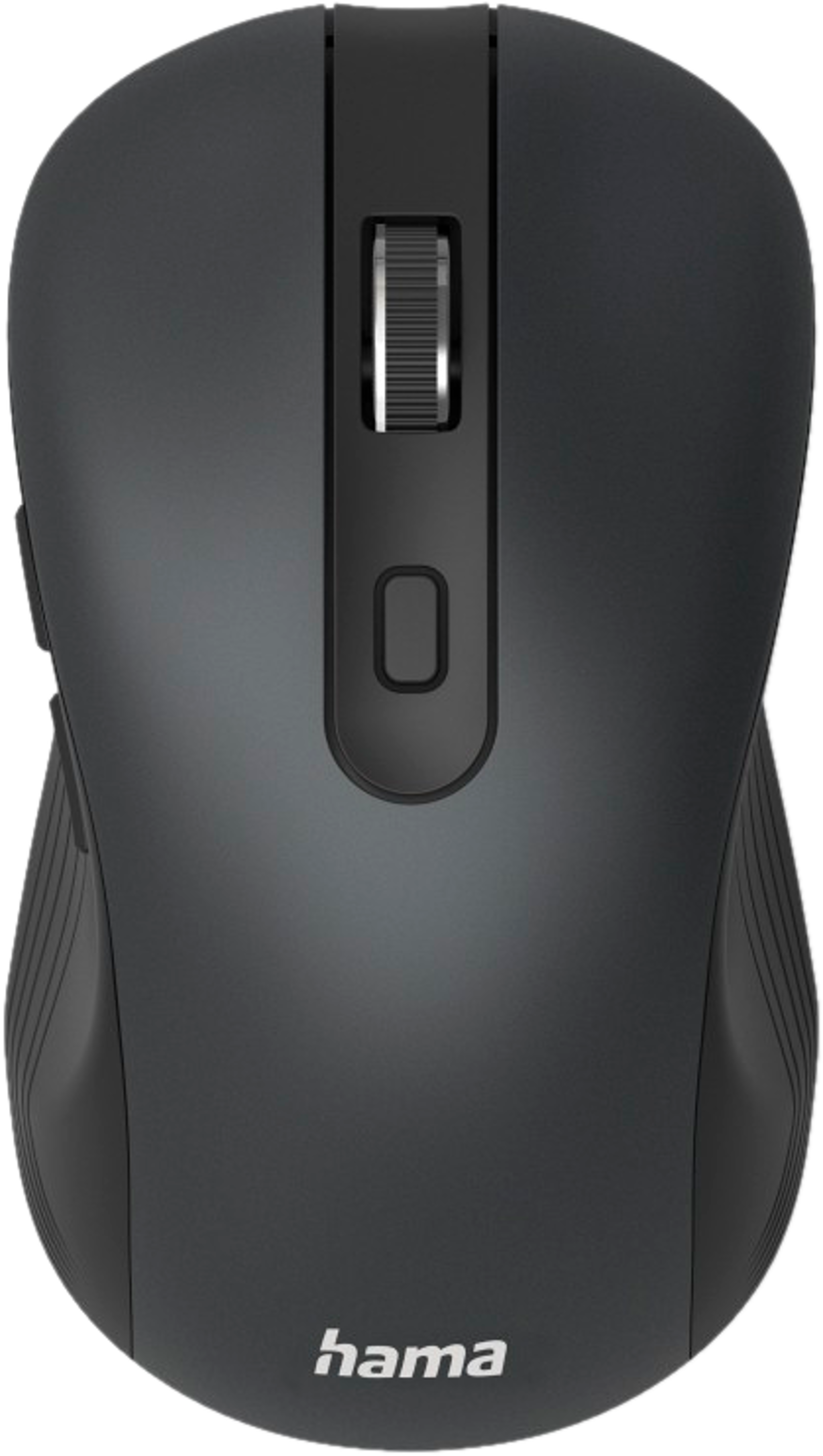 Mouse per computer grigio scuro con rotella e pulsanti.