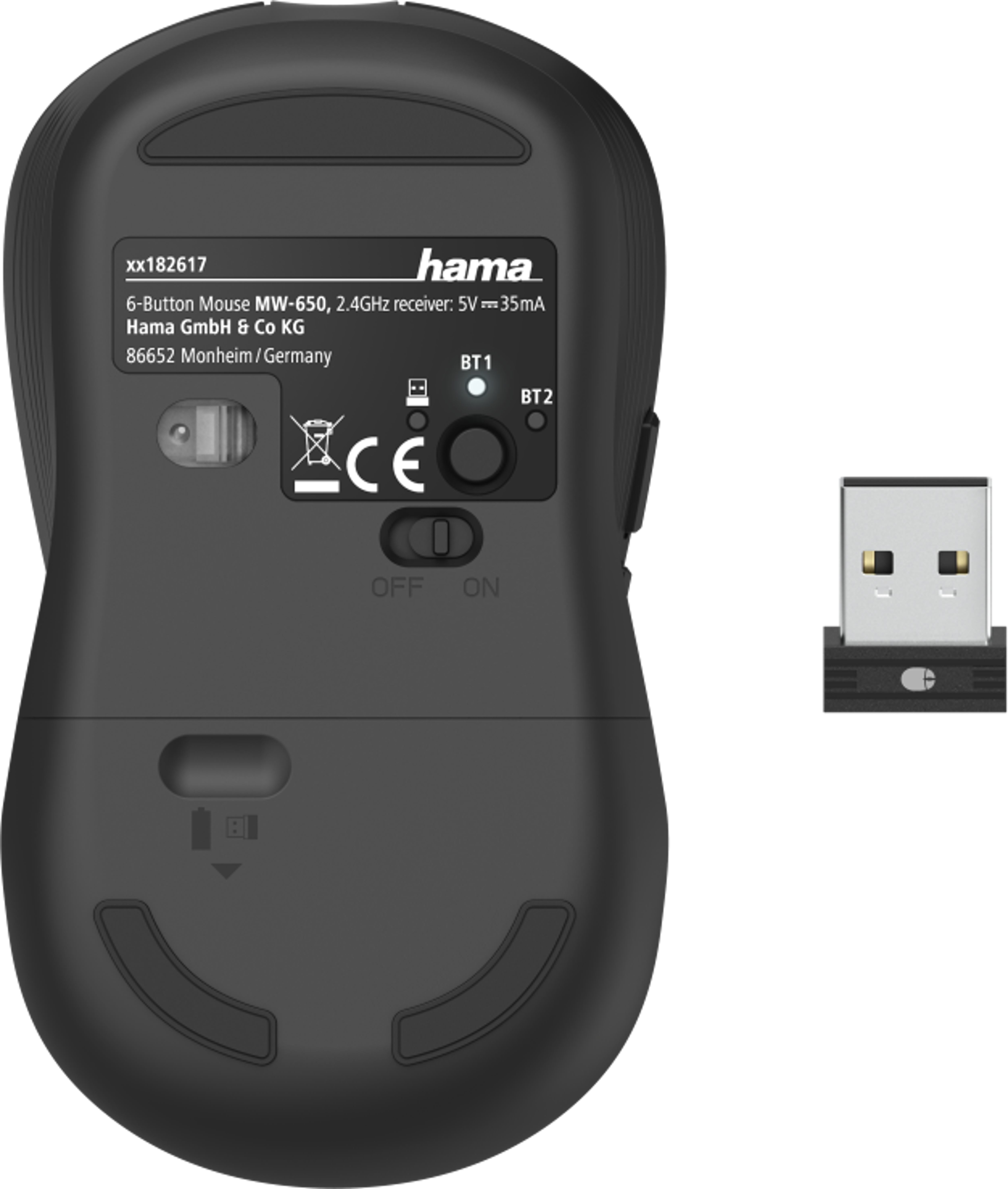 Il fondo di un mouse per computer nero con un ricevitore USB.