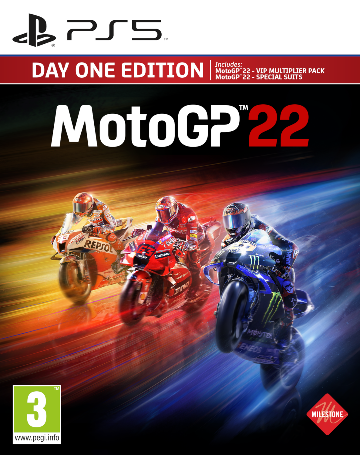 Jaquette du jeu vidéo MotoGP 22 avec trois coureurs sur motos et l'étiquette 'Day One Edition'.