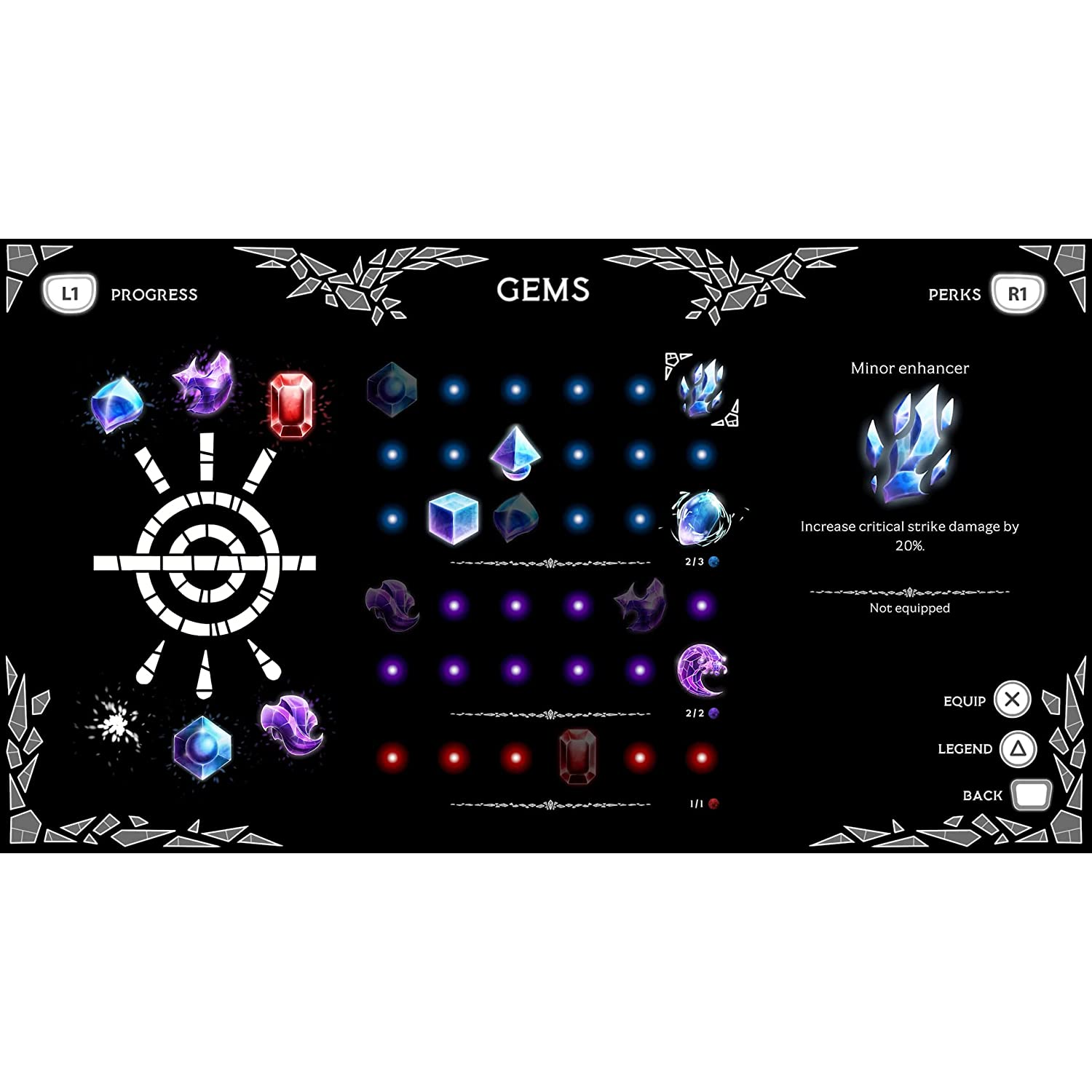 Una interfaz de juego con varias gemas y ventajas que se muestran sobre un fondo negro.
