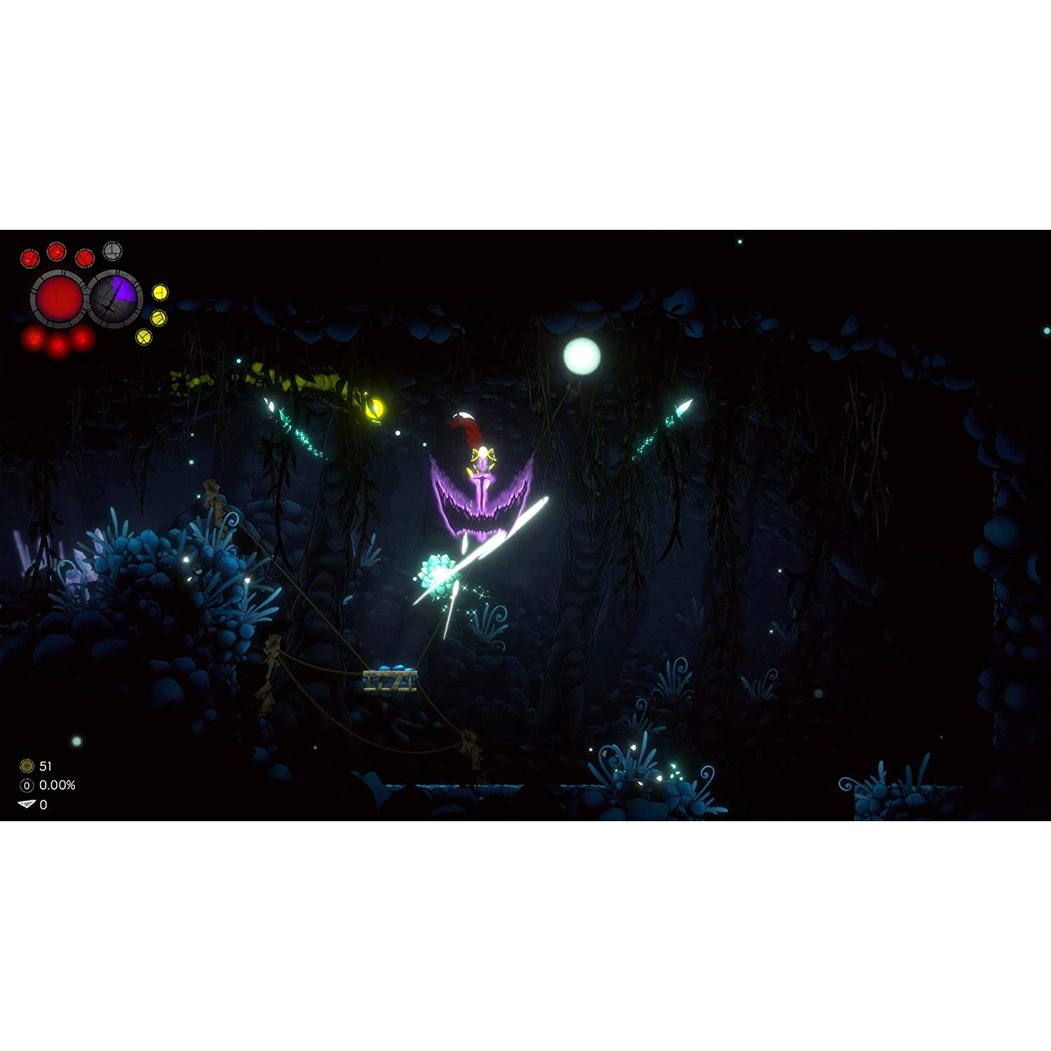 Una escena oscura de cueva de un videojuego. Hay criaturas brillantes.