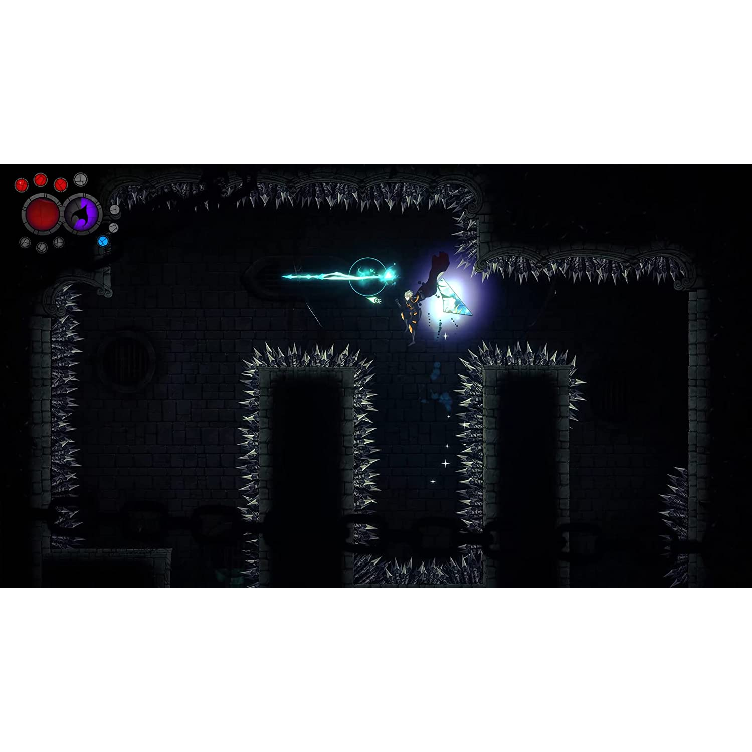 Escena de videojuego oscura y estilizada con un personaje y púas.