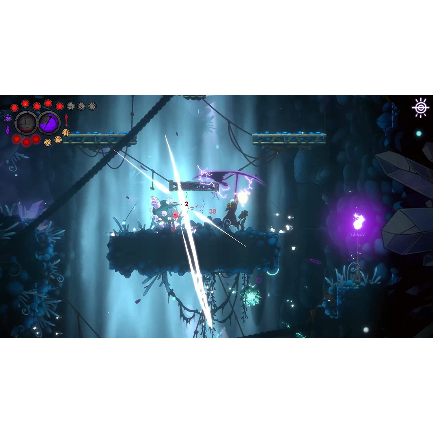 Escena de videojuego con personaje luchando contra criaturas en ambiente azul.