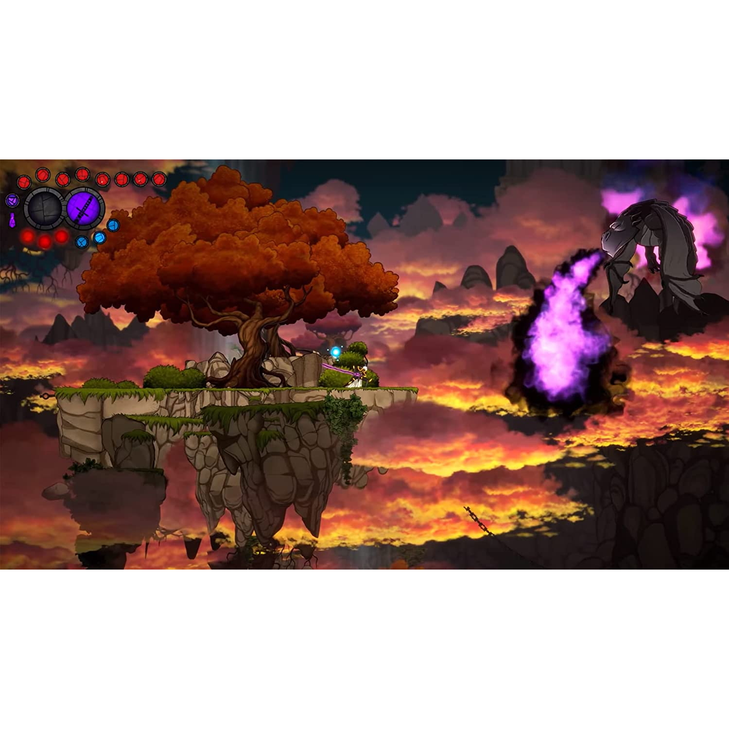 Una escena de videojuego con un gran árbol. Un personaje está en una plataforma, frente a una criatura oscura.